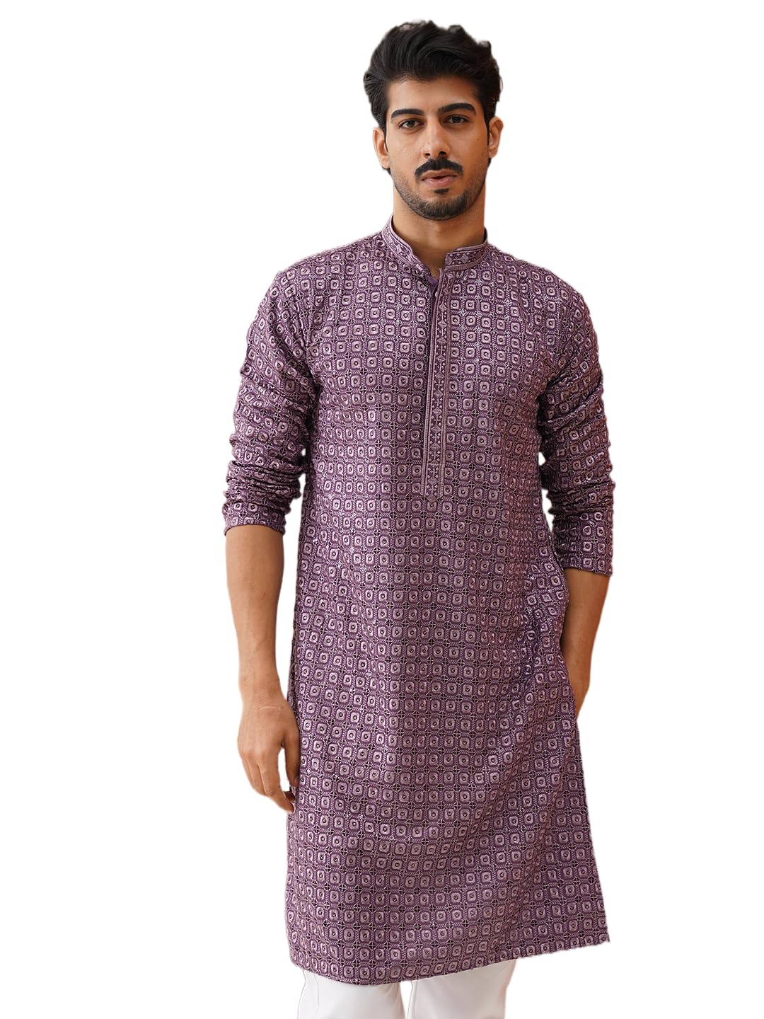 Jompers Purple Embroidered Chikankari And Sequence Kurtas For Men (Purple, L)