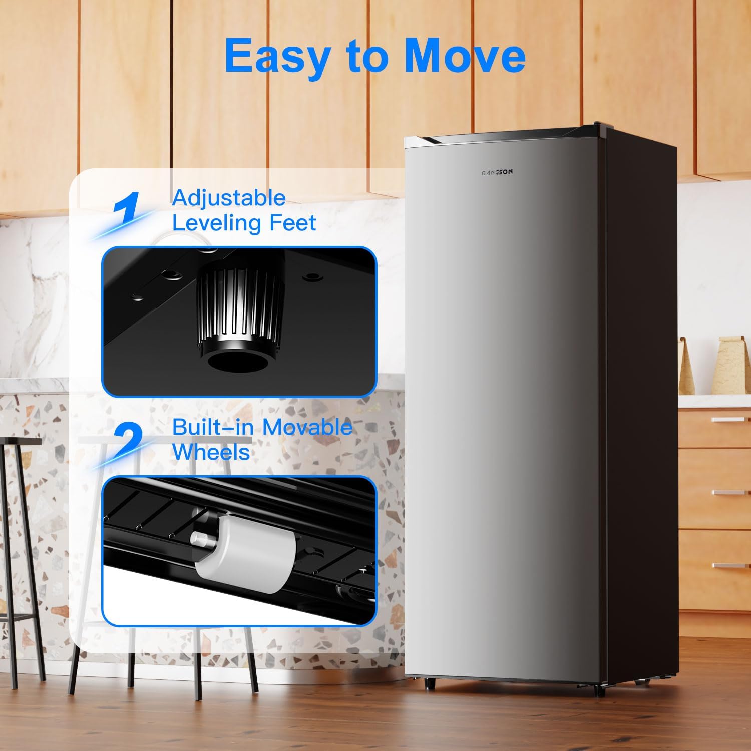 BANGSON 6.5 Cu.ft Upright Freezer, Stand up Freezer with Adjustable Thermostat, Removable Shelves, Reversible Single Door, for Bedroom/Home/Dorms/Apartment, Sliver