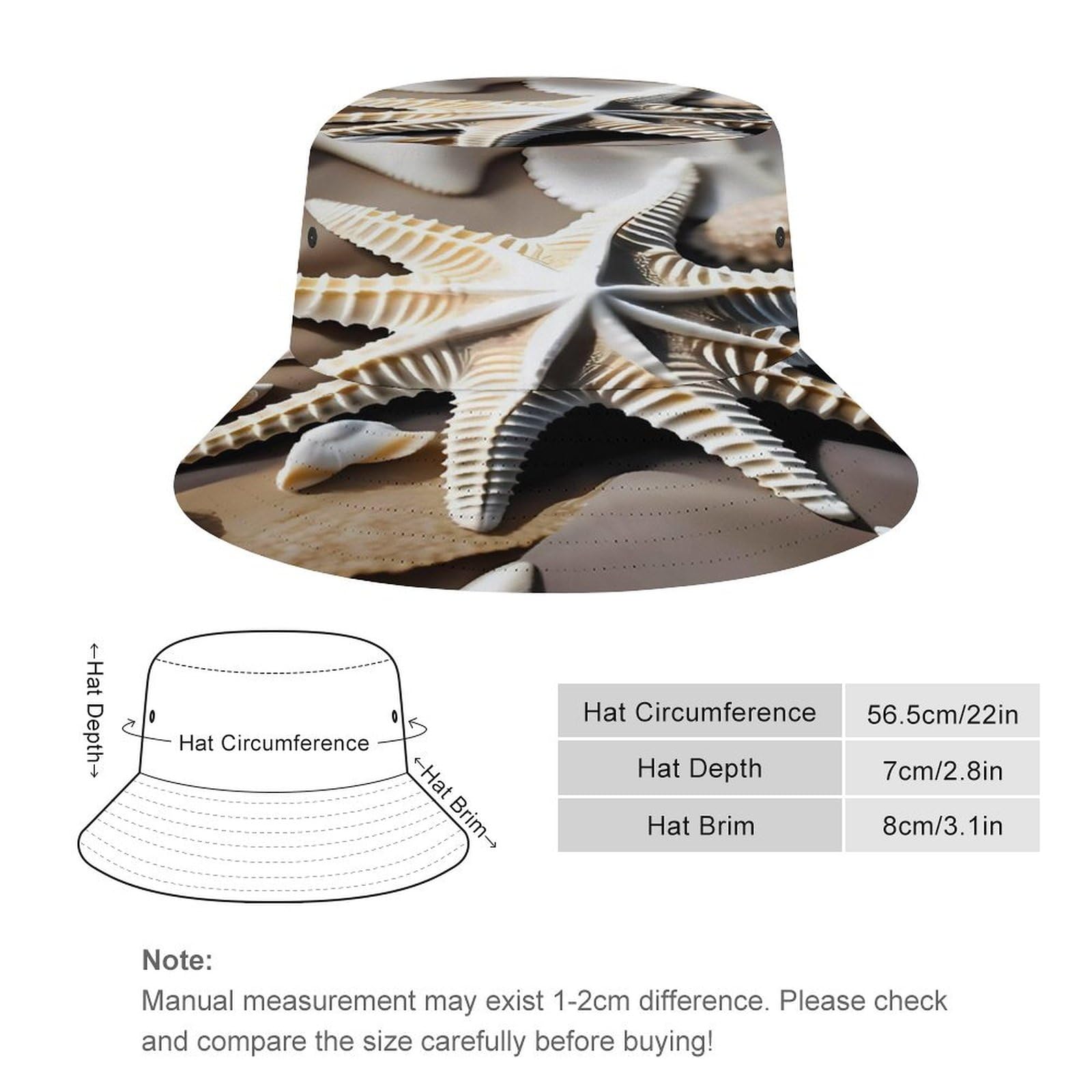 Beach Seashell Starfish Sun Hats Wide Brim Bucket Hat UV Protection Hat for Fishing Hiking Beach Garden Black