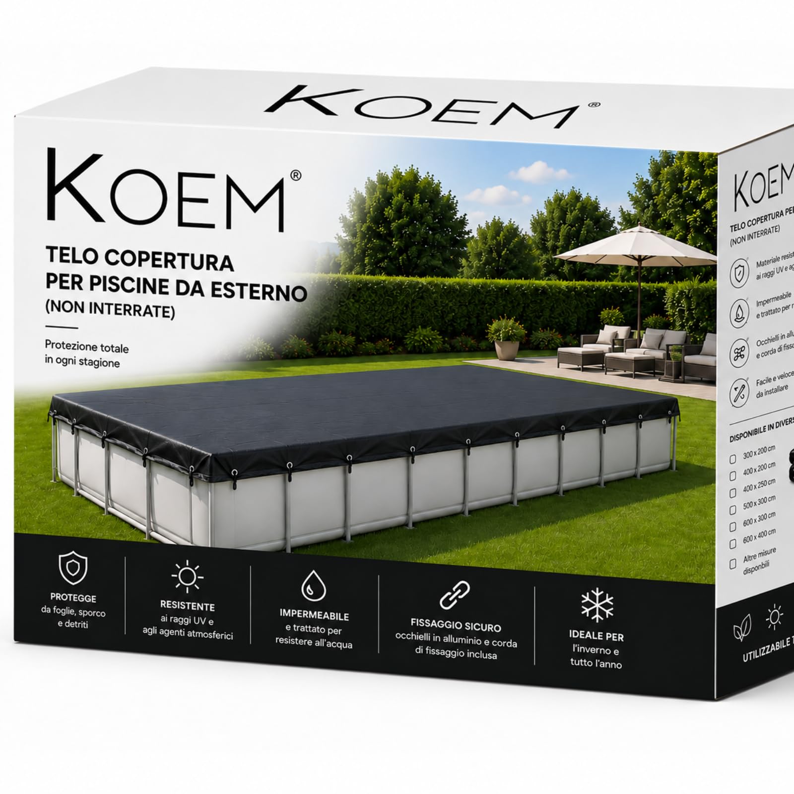 Telo Copertura Piscina Rettangolare in PVC Impermeabile, Nera, con Fori di Drenaggio e Corde di Fissaggio Incluse (732x366 cm)