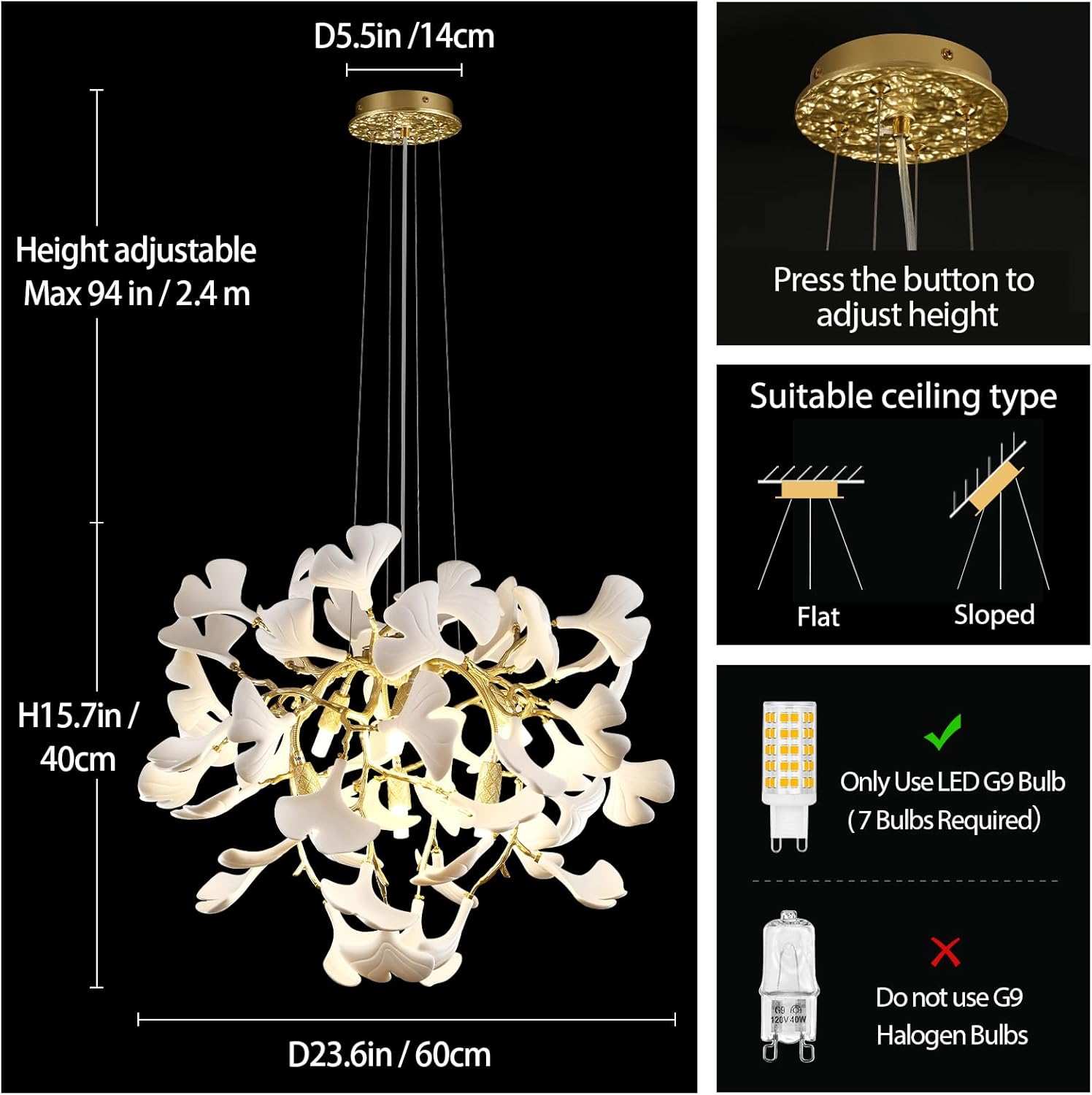 Modern 23.6'' Gold and White Ceramic Ginkgo Leaf Tree Branches Chandeliers, Dining Room Chandelier Over Table, Round Chandelier for Living Room,for Foyer, Kitchen, Bathroom, Bedroom