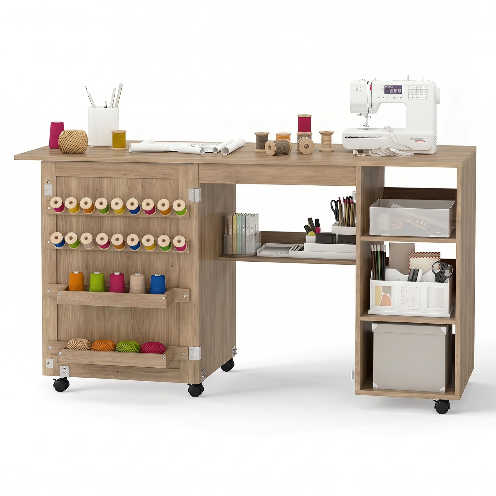 GIANTEX Armario de Costura Plegable con 6 Ruedas (Marrón, sin Cajón) | Mesa de Coser con Estantes Abiertos y Portacarretes, 146x50x78 cm, Mesa Multiusos 2 en 1 para Dormitorio, Salón y Estudio