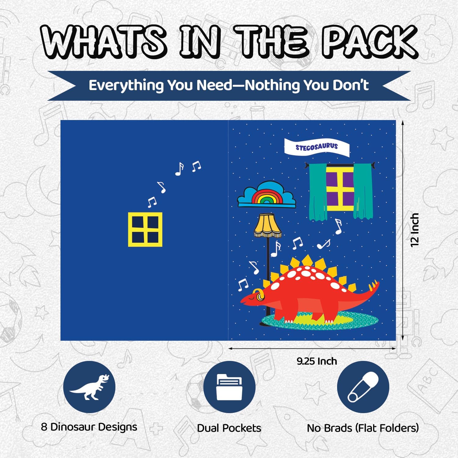 8 School Folders - Cute Pocket Folders with 8 Unique Dinosaur Designs in Front, Back Cover and Inside - Kids Pocket Folders - Homework Folders - Dinosaur Folders - 12 x 9.25 Inches (Pack of 8) image 4