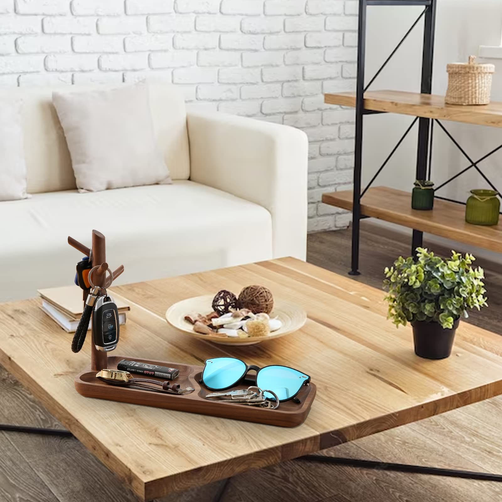 CYQGDKF Plateau à Clés En Bois Pour Table D'entrée, Plateau à Bijoux, Plateau Avec 3 Supports à Suspendre, Pour Bagues, Téléphone, Bracelets, Montres