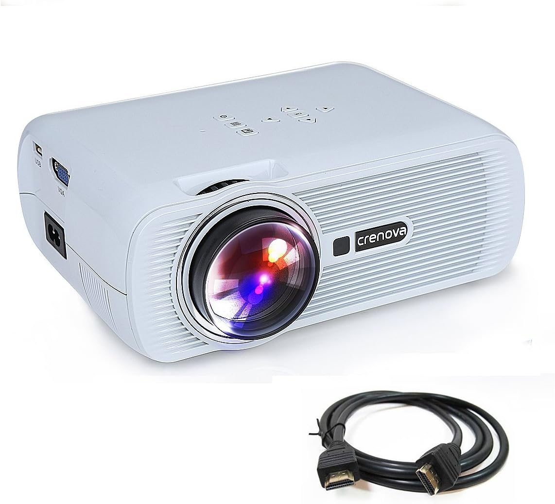 Crenova,Mini Projector XPE460 Full Color Home Video Projector, 130" Portable LED Pico Projector with HDMI for Home Theater Support 1080P HD Game USB SD iPad iPhone Android Smartphone - White