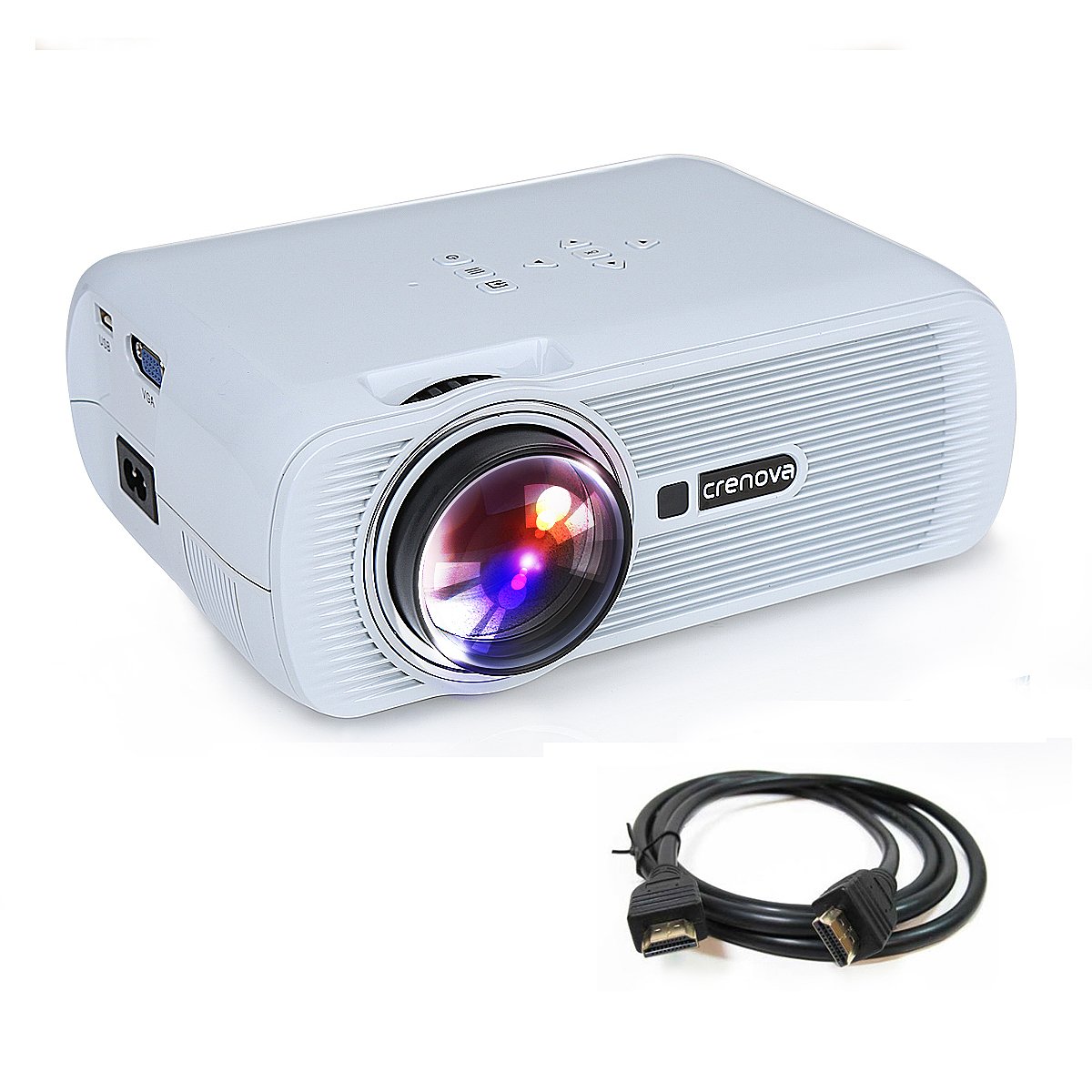 Crenova,Mini Projector XPE460 Full Color Home Video Projector, 130" Portable LED Pico Projector with HDMI for Home Theater Support 1080P HD Game USB SD iPad iPhone Android Smartphone - White