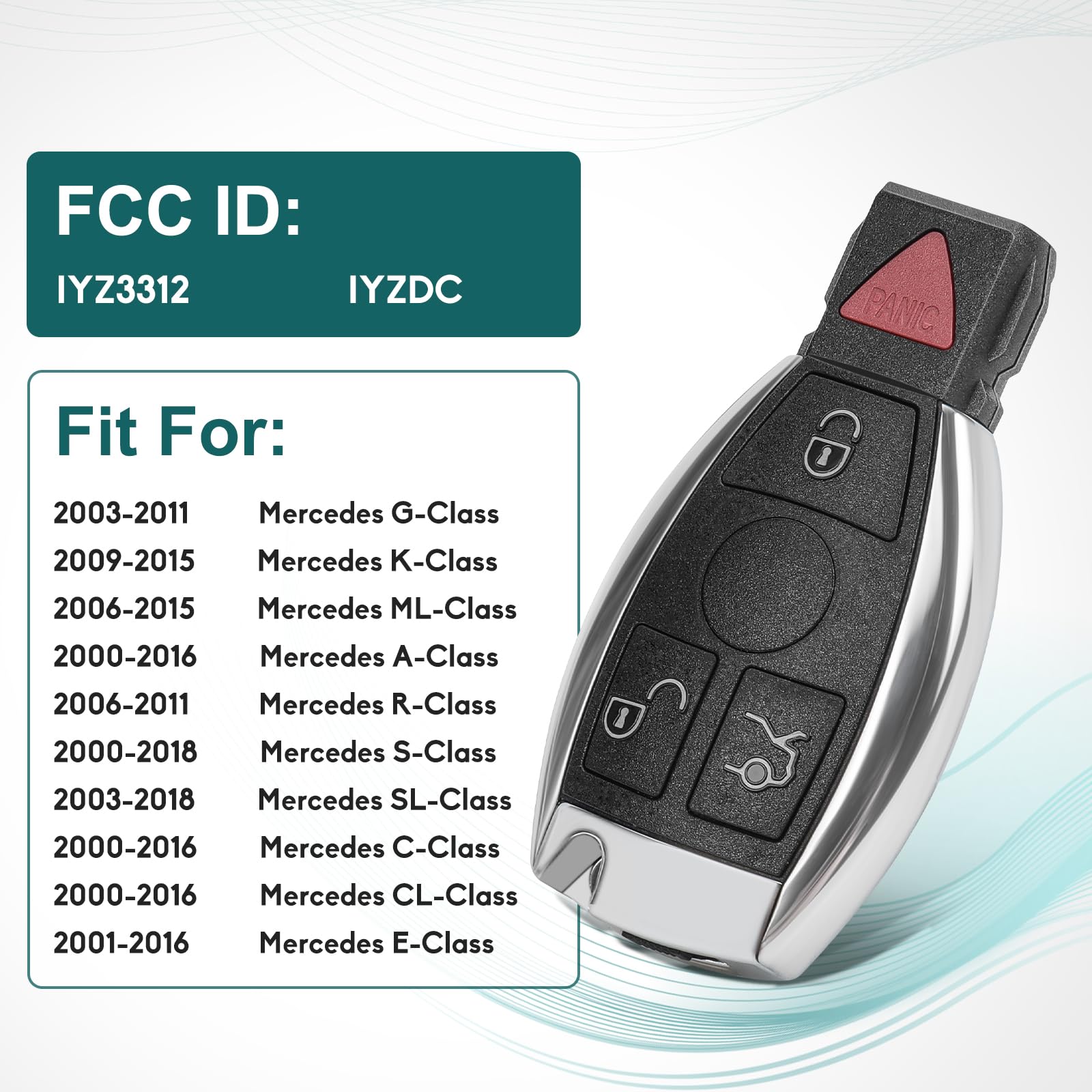 Key Fob, Keyless Entry Remote Fits for 1997-2016 Mercedes Benz E350 ML350 SLK300 CLK350 SLK350 R350 ML450 CL550 GL550 C CL E GL ML R S Class, Key Fob Replacement IYZ3312, IYZDC, 4 Buttons, 2Pack