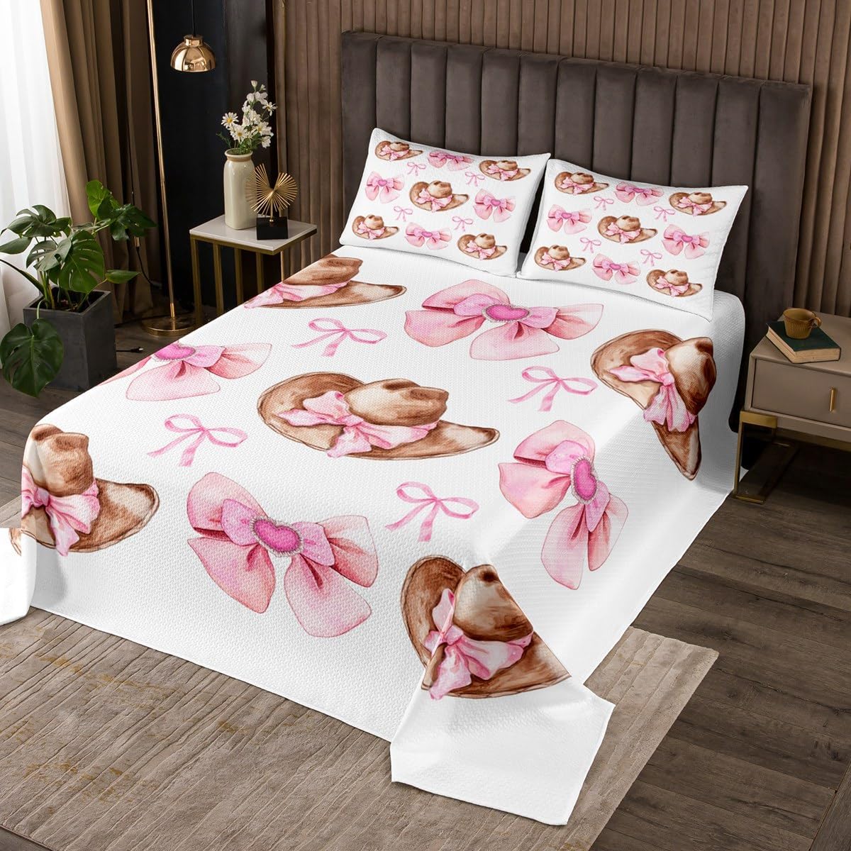 jejeloiu Cowgirl Bowknot Bedspread Twin Size Kids, Pink Western Hats Pattern Coverlet Set for Boys Girls, Bow Tie Quilted Coverlet Quilted