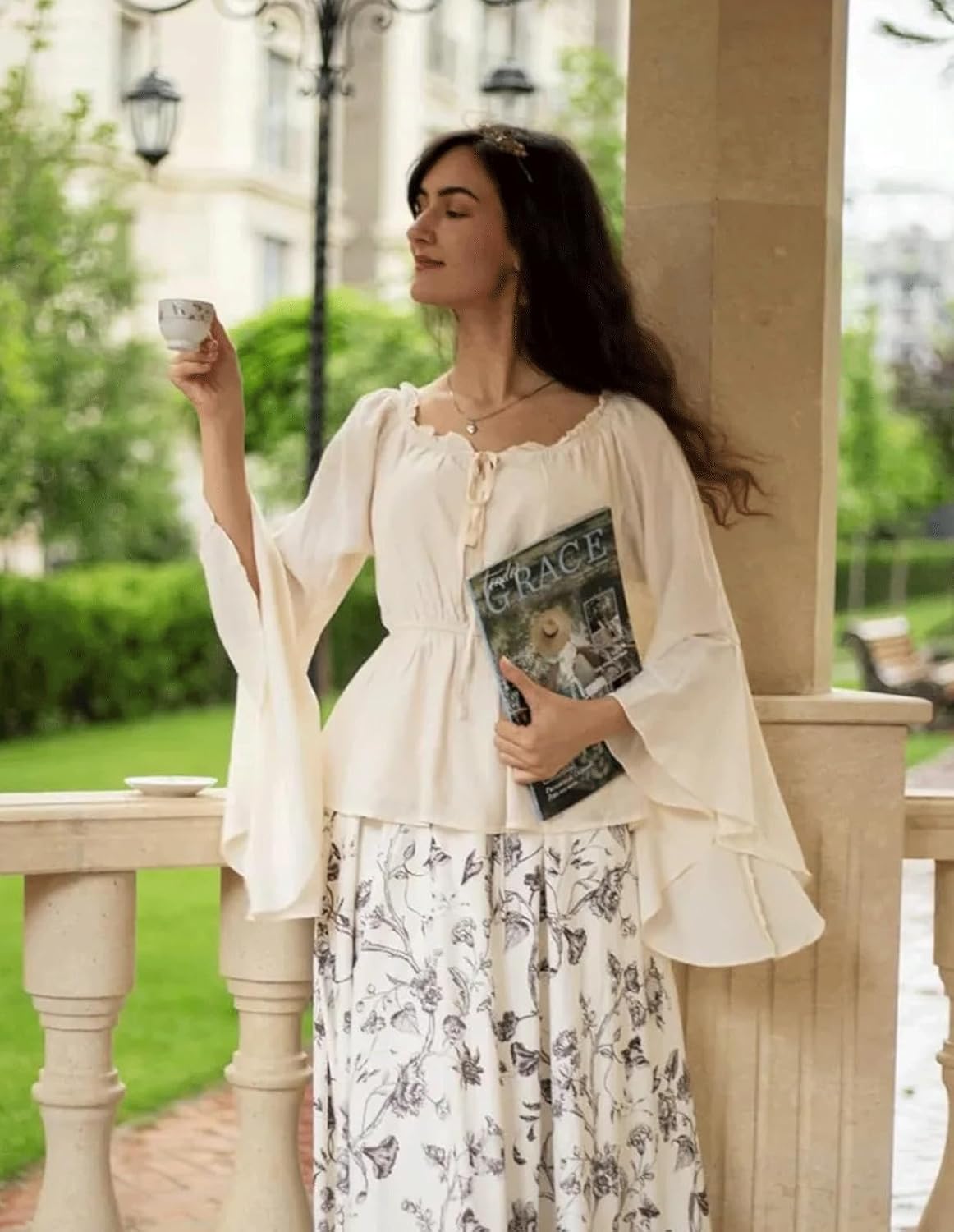 SCARLET DARKNESS Renaissance Shirt Women Peasant Blouse Bell Sleeve Off Shoulder Tops Pirate Costume - Image 5