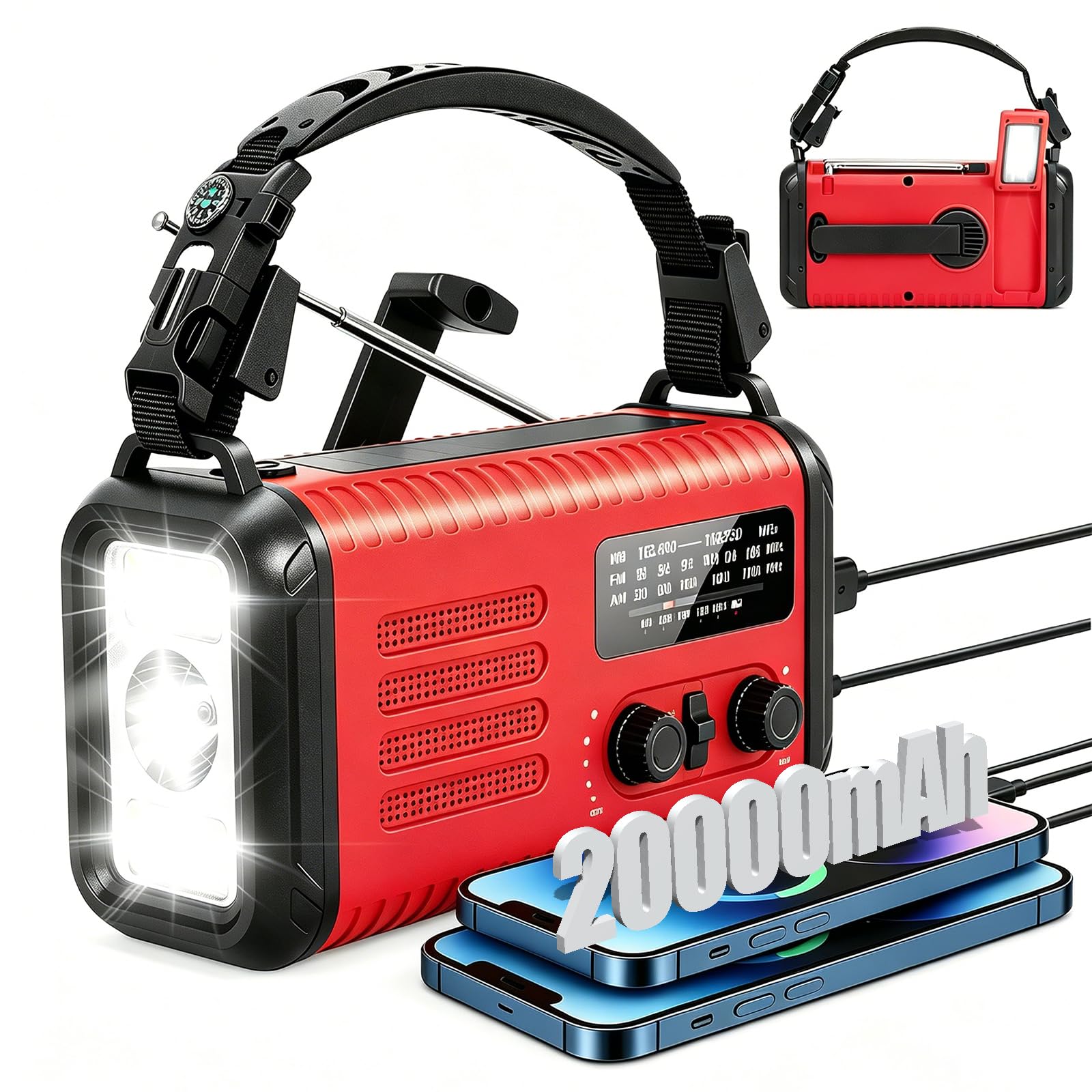 20000mAh Notfallradio, Solar-Handkurbel AM/FM Wetterradio, Handy-Ladegerät | 74000mWh Selbstladend per Kurbel & Solar: LED-Leuchte, Leselampe, Notblinker, USB-Buchse, Kopfhörer, SOS. Für Outdoor.