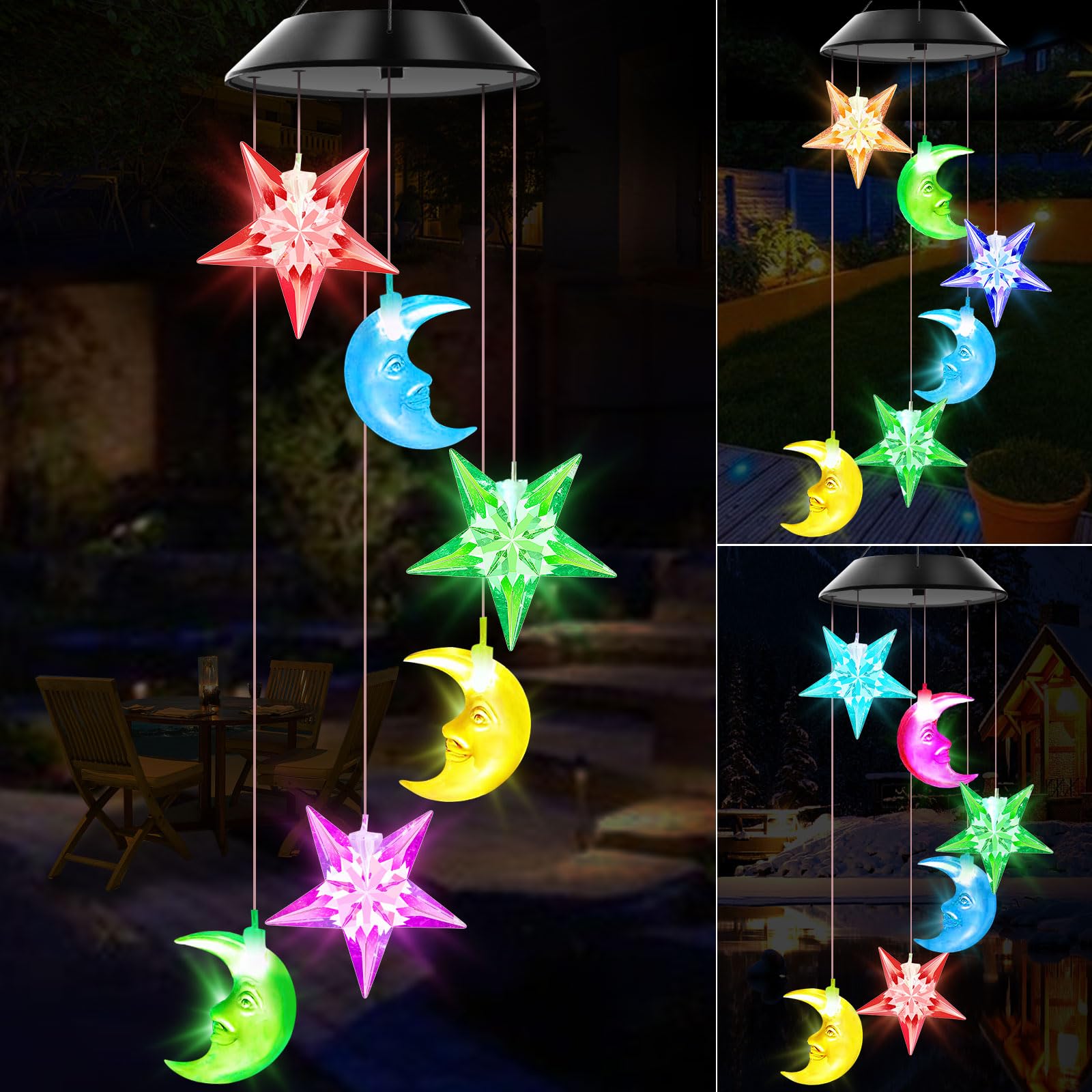 Solar Wind Chimes Outdoor Color Changing Lights, Gift for Women Mom Grandma Sister Best Gifts, Wind Chimes Unique Outdoor Garden Yard Decor (Star and Moon)