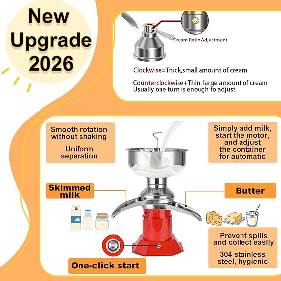 Electric Cream Separator and Milk Centrifuge, 50L/100L/H, 304 Stainless Steel Cream Separator for Butter and Cheese Extraction