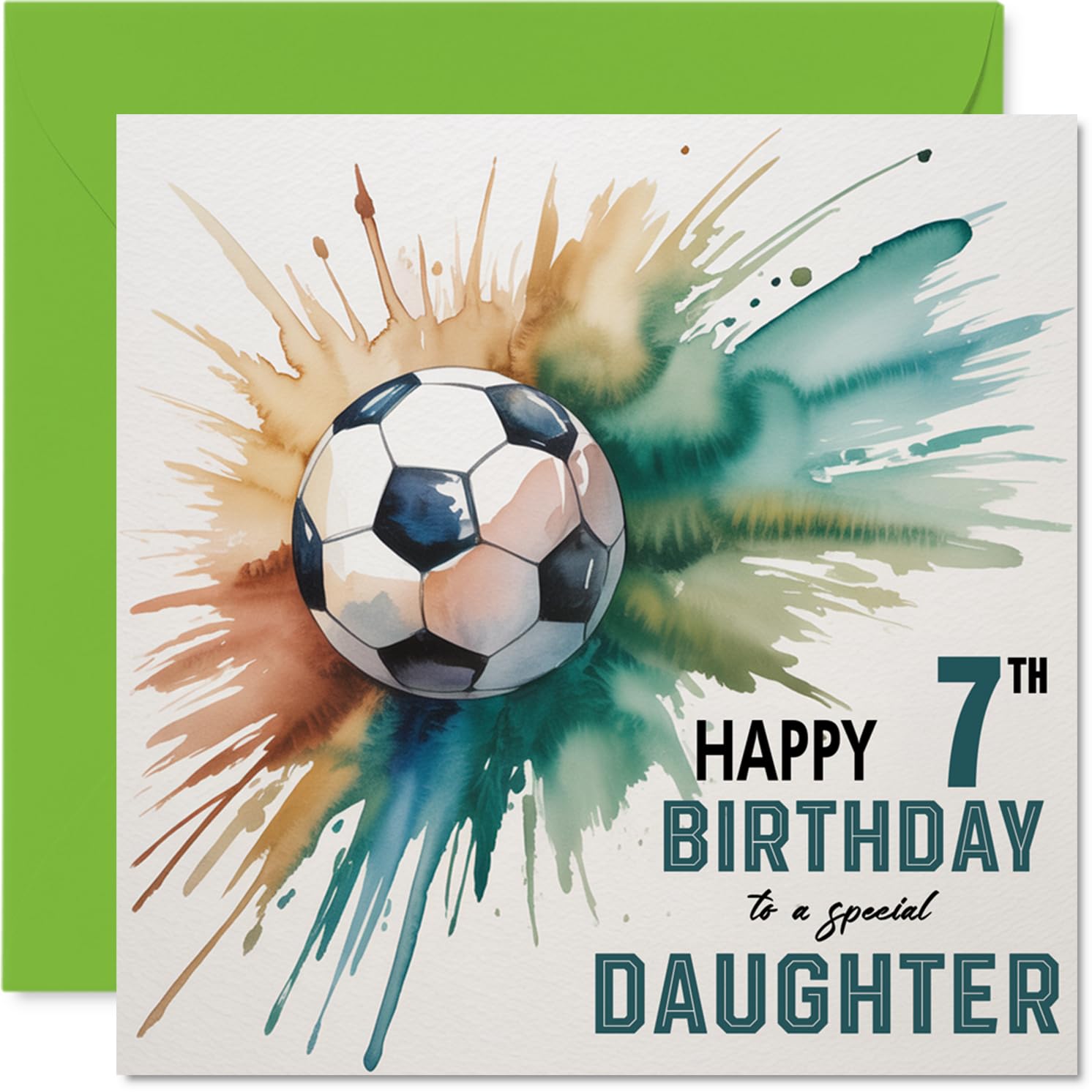 7th Birthday Cards for Daughter - Watercolour Football Splash - Happy Birthday Card for 7 Year Old Daughter from Dad Mum, 145mm Bday Greeting Cards