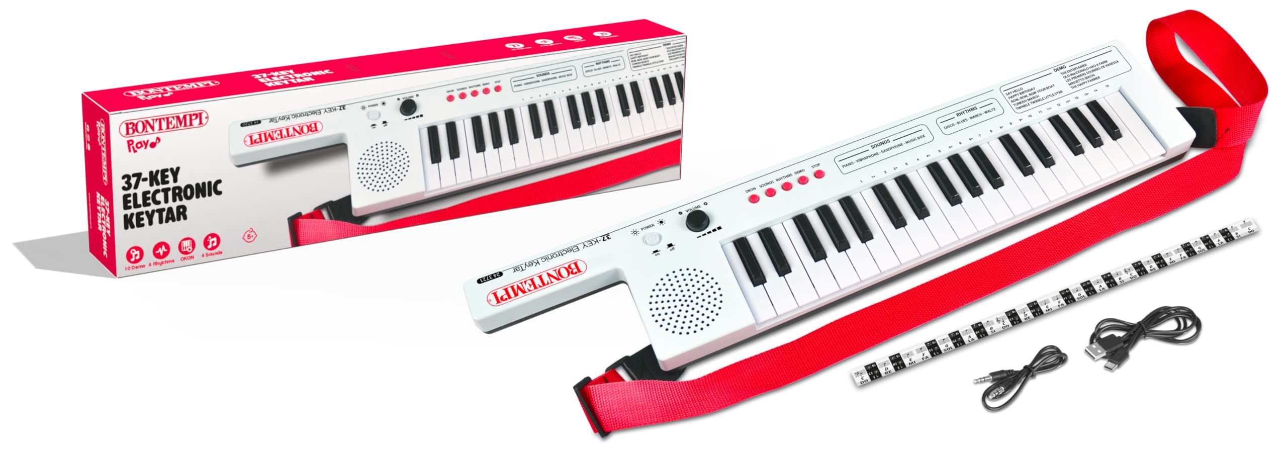 BONTEMPI - Elektronisches Keytar mit 37 Tasten mit 4 Sounds 4 Rhythmen 10 Vorab Aufgenommene Lieder Okon-Funktion Lautstärkeregler USB Typ-C Akkuladung Tragegurt Notenzeile 550x112x40 mm