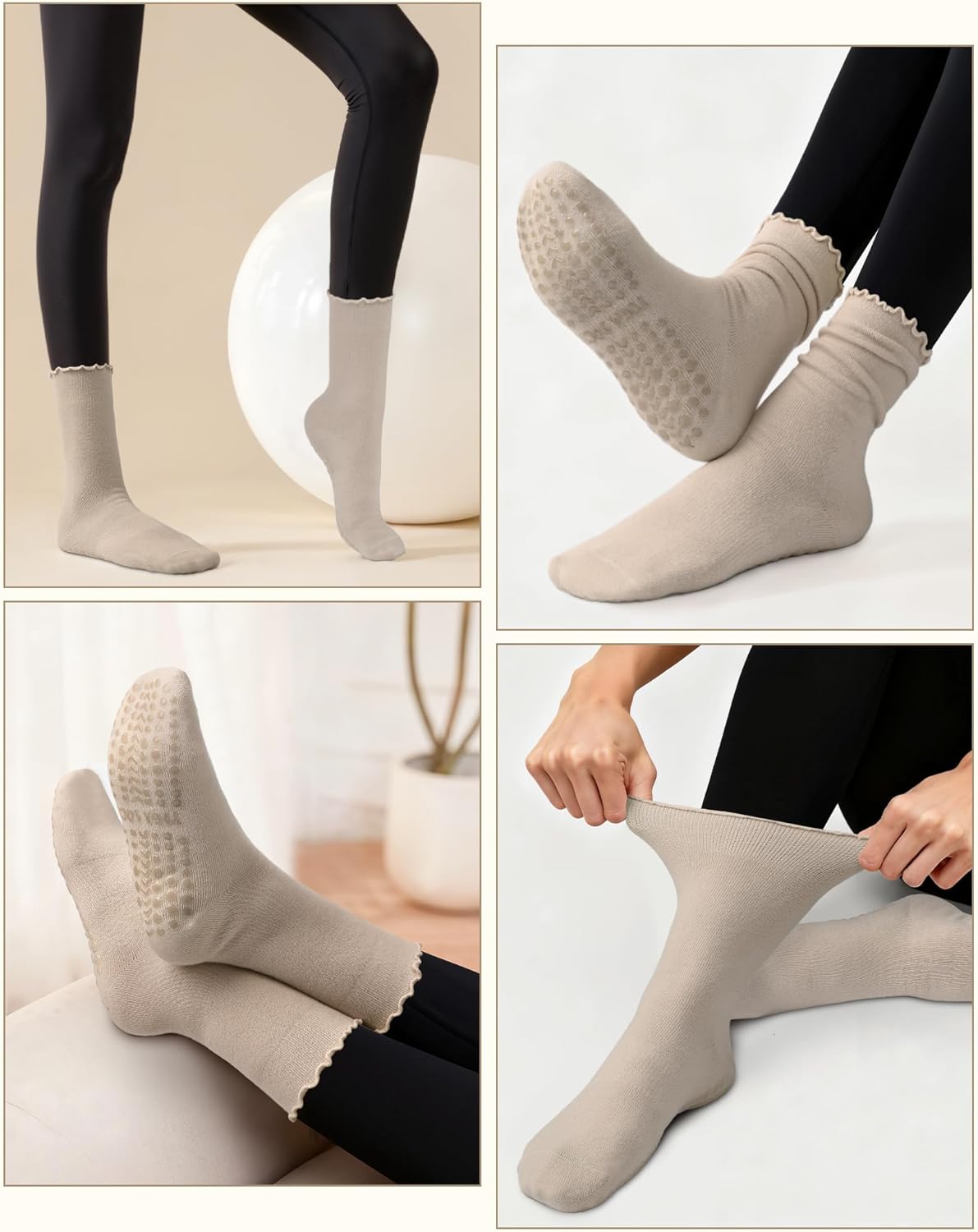 5 Pairs Pilates Socks with Grips for Women, Non Slip Cotton Ruffle Yoga Socks for Barre Workout Hospital - Image 2