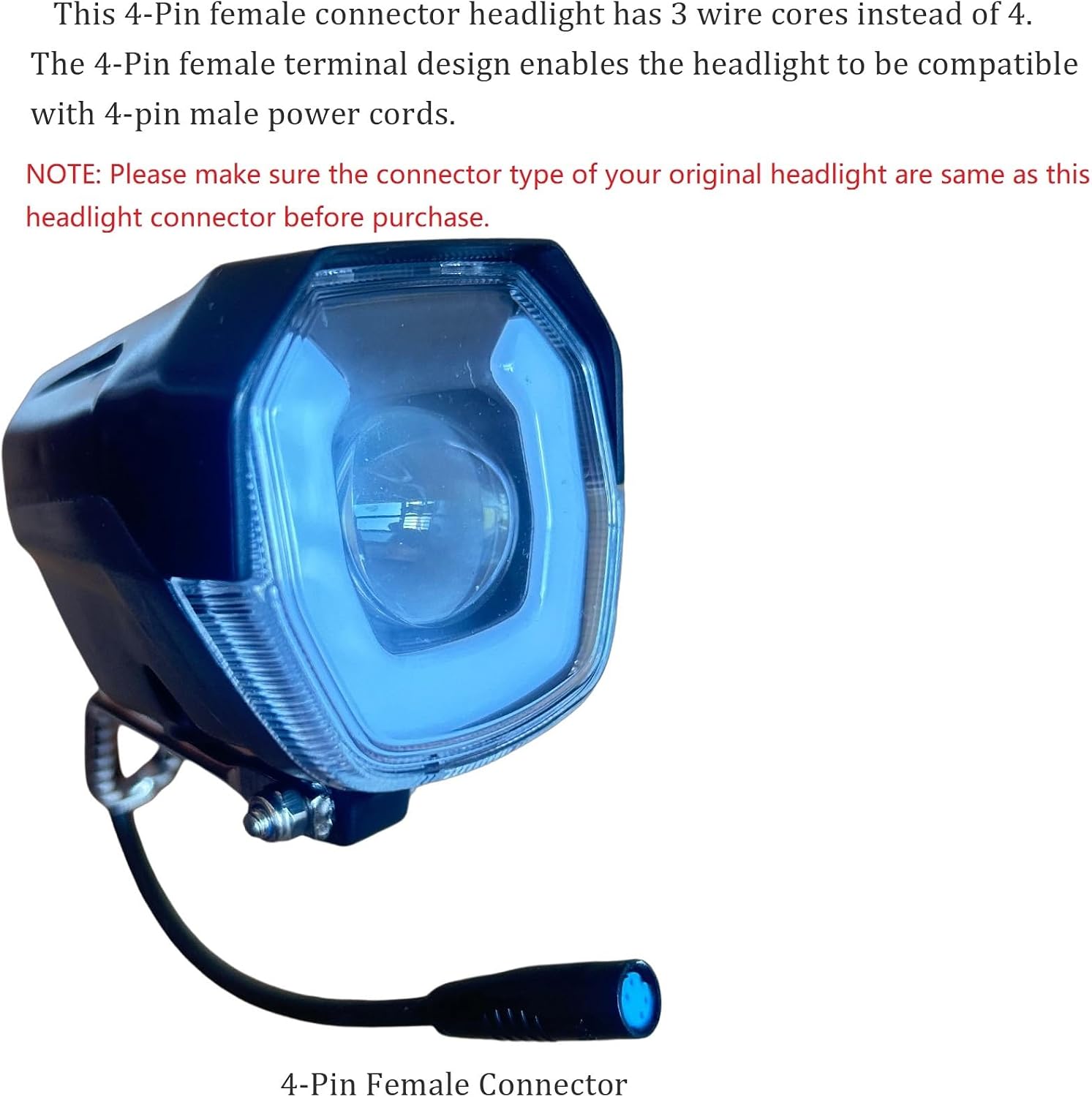 EBike LED Headlight with 75‑100db Loud Horn 4 Pin Female Connector Night Riding Front Light for 12-72 Volts Adult Electric Mountain Bike or Foldable Bike 30W Ultra-Bright Cycling Light