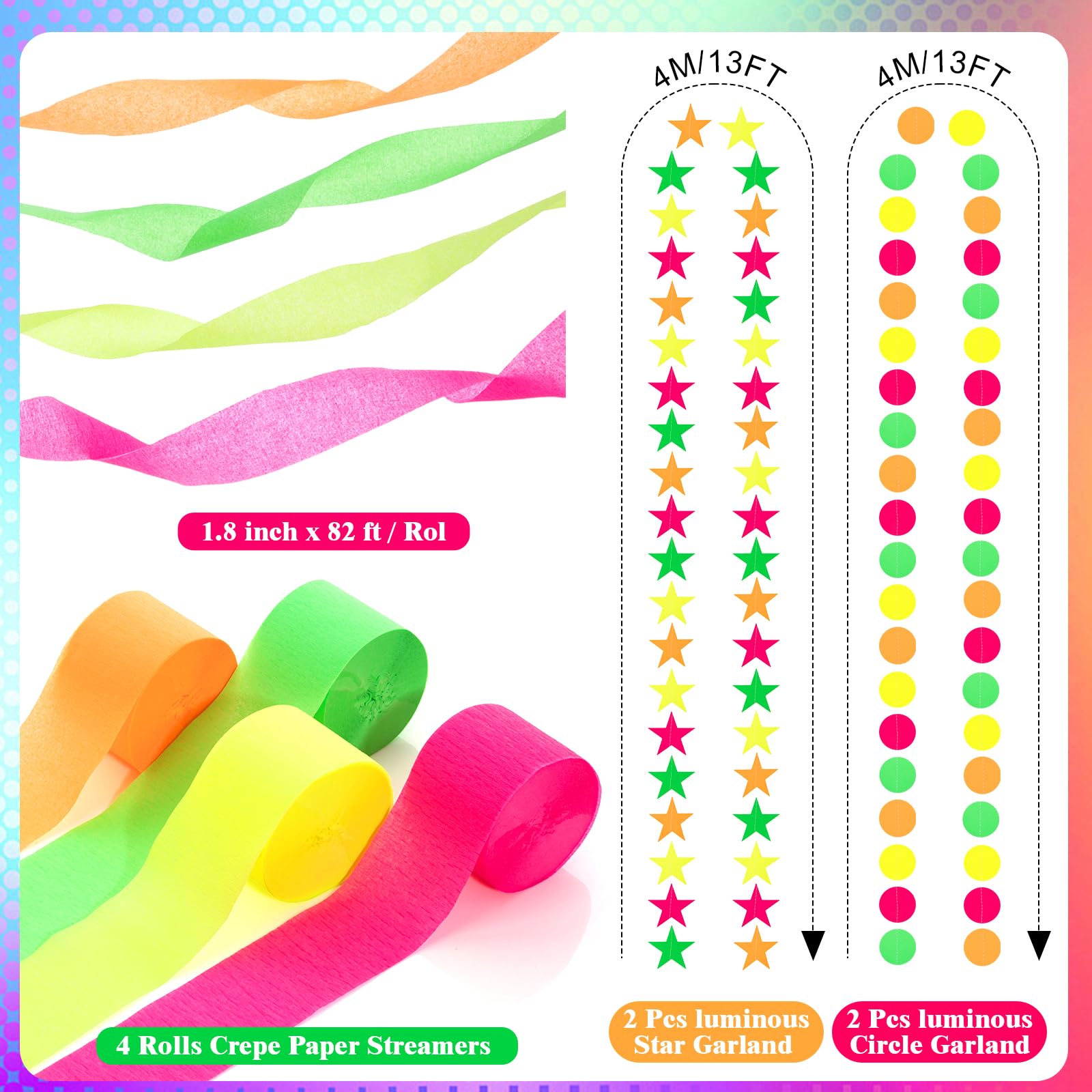 TaoBary Guirnalda de 600 hojas de papel de neón para decoración de fiestas, 100 m, crepé brillante, 15,8 m, círculos y estrellas, para colgar en la oscuridad, fiesta, cumpleaños, decoración de boda