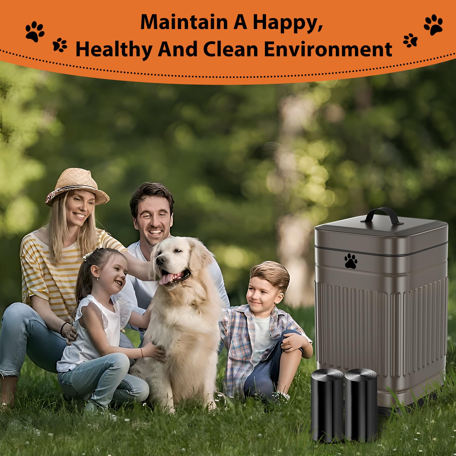 Bote de basura para excrementos de perro en el exterior, cubo de basura de metal para exteriores con tapa, pedal de pie, cubo de basura para perros con 40 bolsas de basura para perros, cubo