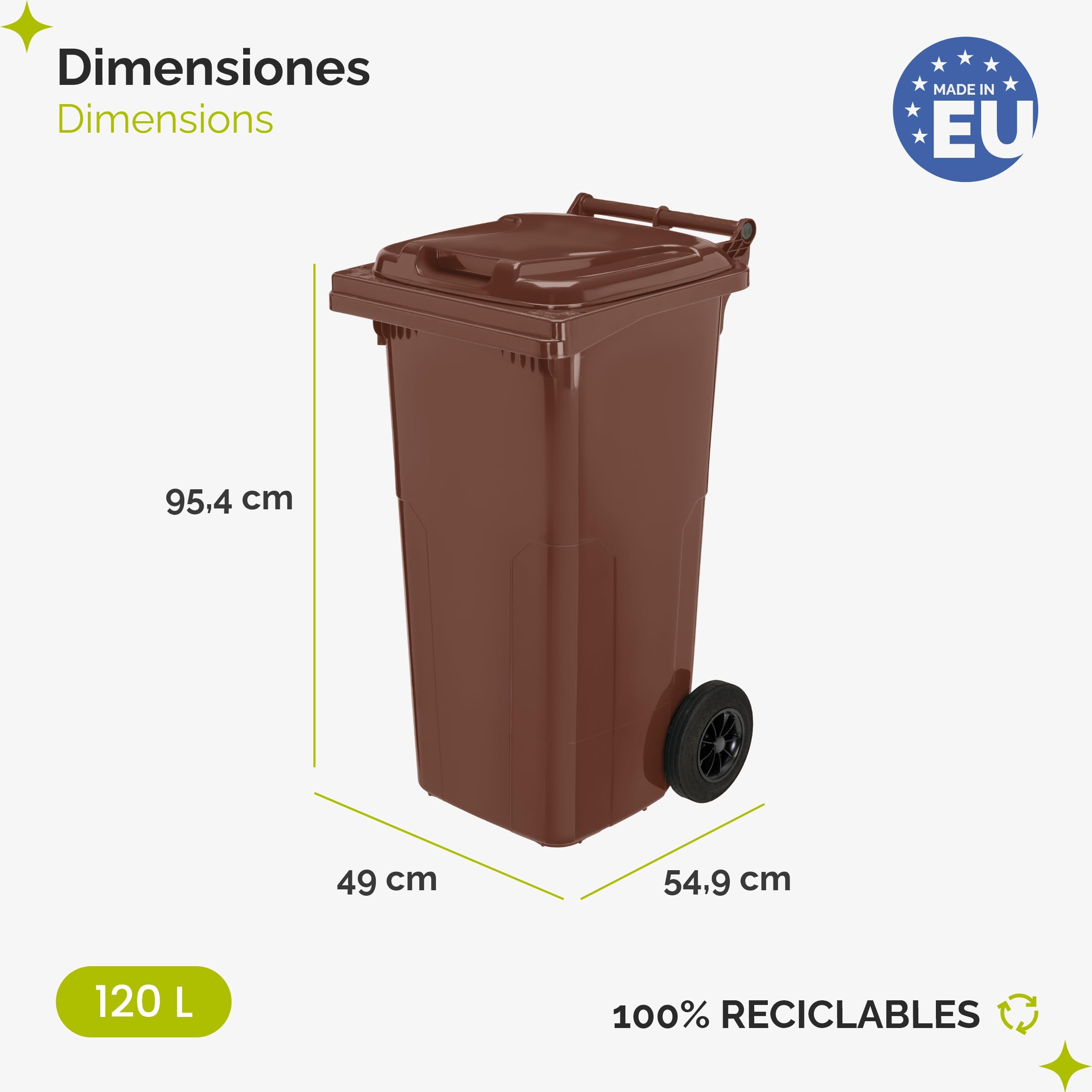 Garronda Cubo de Basura 120L con Tapa y Ruedas – Contenedor de Residuos para Exterior de Plástico Resistente para Reciclaje y Clasificación Ecológica GD-0097, Marrón