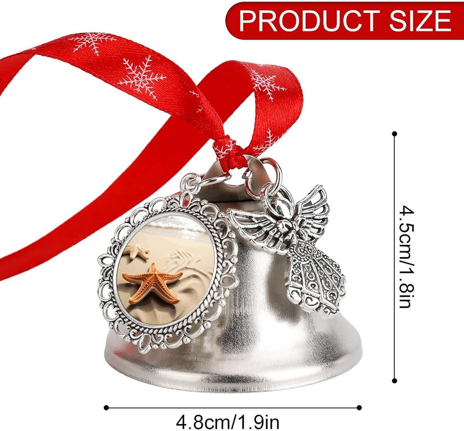 Starfish on The Sand Beach Landscape Christmas Bell Ornament Metal Christmas Jingling Bell Vintage Bells for Xmas Tree Decors Wings & Loves Bells Ornaments for Holiday Decor