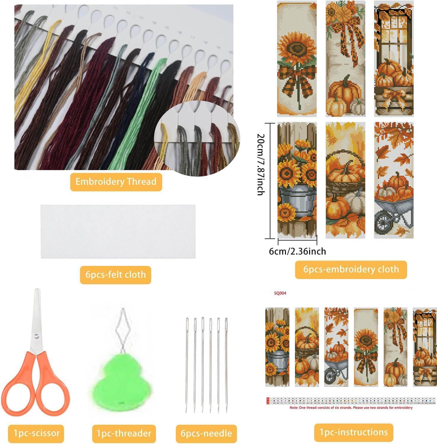 YERUOUIU 6 PCS Fall Cross Stitch Bookmark Kit for Adult Beginners,Pumpkin and Sunflower Stamped Embroidery Bookmark Kit with Instruction for Starters Printed Cross Stitch DIY Kits for Book Lovers