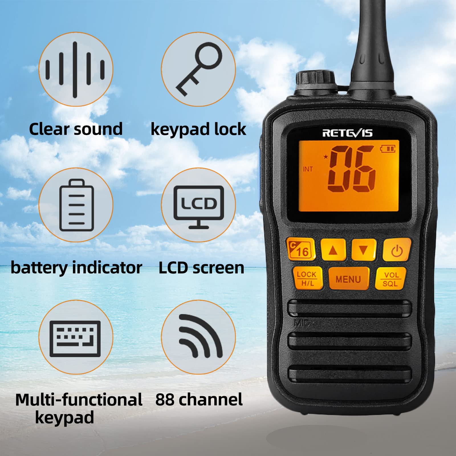 Retevis RM01 Marine Radio VHF Portable Étanche IP67 88 Canaux Talkie Walkie Marine Noir