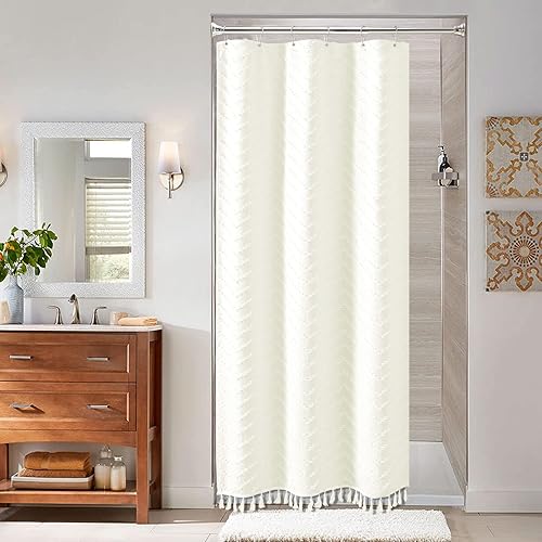 Vista 217 de Dynamene - Cortina de ducha, bohemia y rústica con rayas con chebrón en relieve, cortina texturizada para decoración de baño, juego de cortina A.