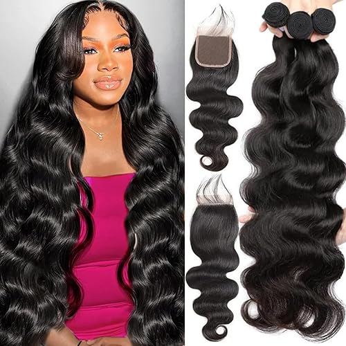Body Wave Bundles with Closure for Black Women 20 22 24+18 100% Unprocessed Brazilian Body Wave Virgin Human Hair 3 Bundles with Closure Free Part Human Hair Extension Natural Color