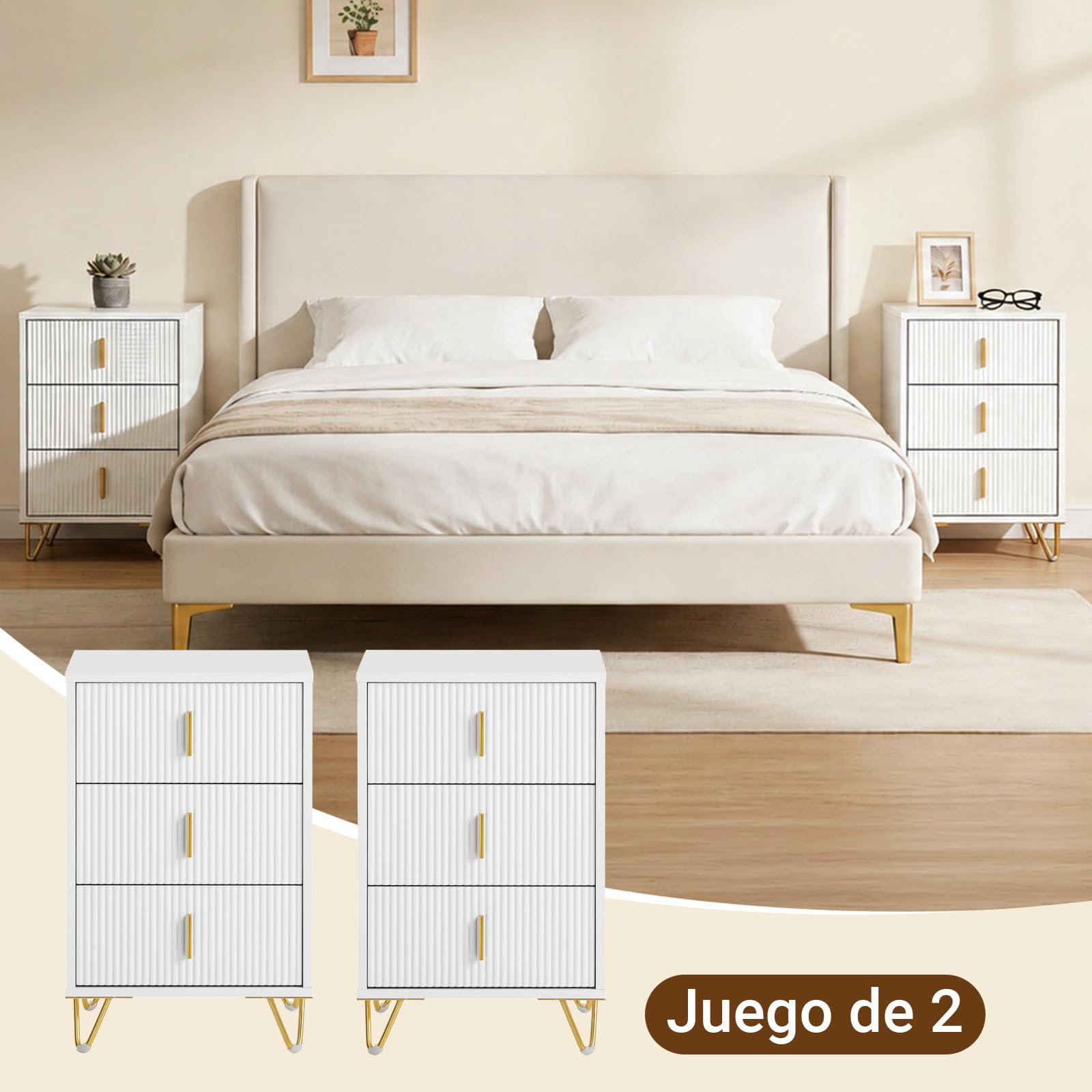 SoBuy Juego de 2 Mesita de Noche con 3 cajones, 63 cm Altura ergonómica & 33 kg Carga, Mesa de Noche para Dormitorio y salón, Ideal para Espacios pequeños, Blanco, 40 x 40 x 63 cm, FBT115-L-Wx2