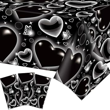 3-Pack Black Heart Plastic Tablecloths 51" x 87" Disposable Table Covers for 2000s Theme Party, Cholo Decor, Birthday or Back-to-School Events