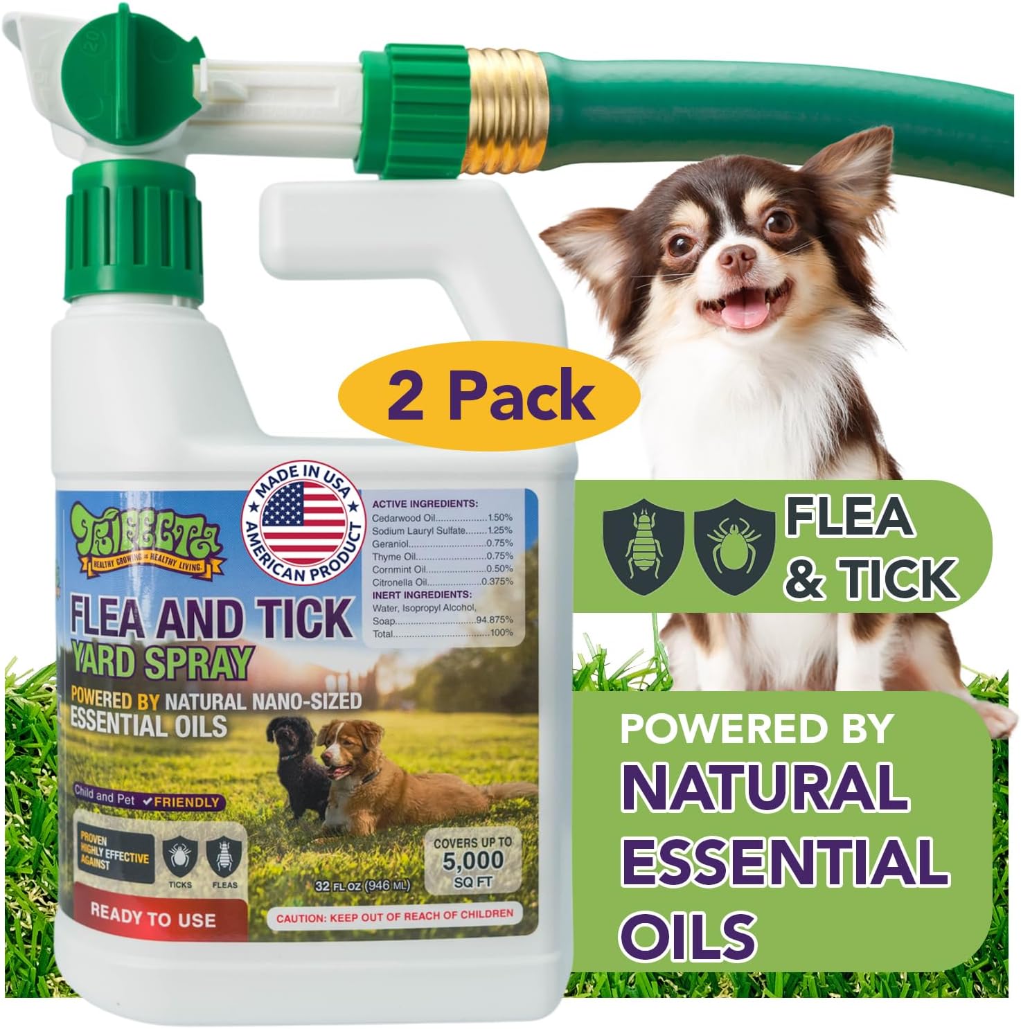 Trifecta Outdoor Flea & Tick Spray for Yards | All Natural Flea and Tick Prevention for Yards with Essential Oils | Pet and Family Safe | Hose-End Sprayer, Ready-To-Use (2 Pack for up to 10,000 Sq Ft)
