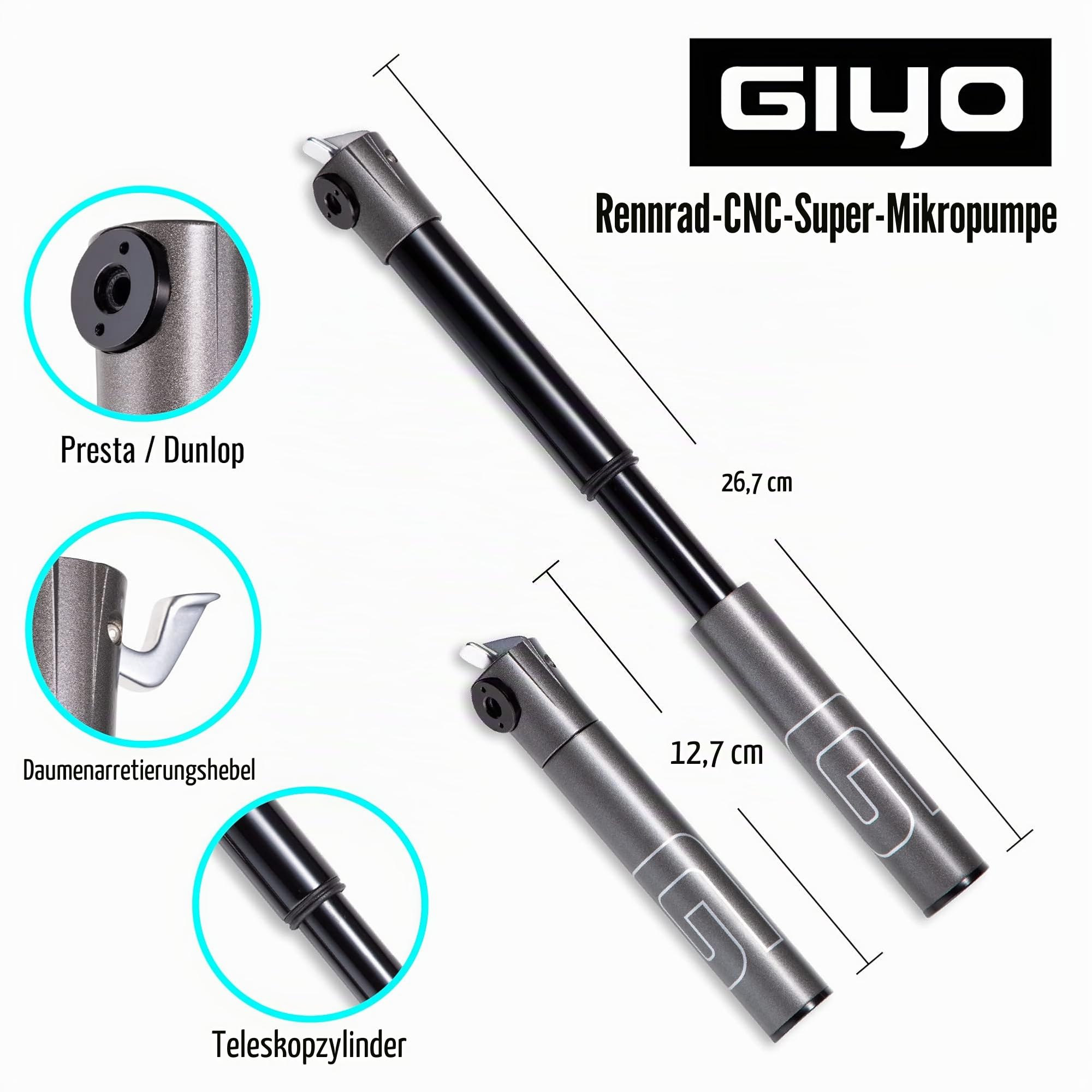 GIYO Mini-Fahrradpumpe für Rennräder, Presta-Ventil, 120 PSI CNC-Teleskopfass, leicht und tragbar, sicheres Ventilschloss, hergestellt in Taiwan (GM04)