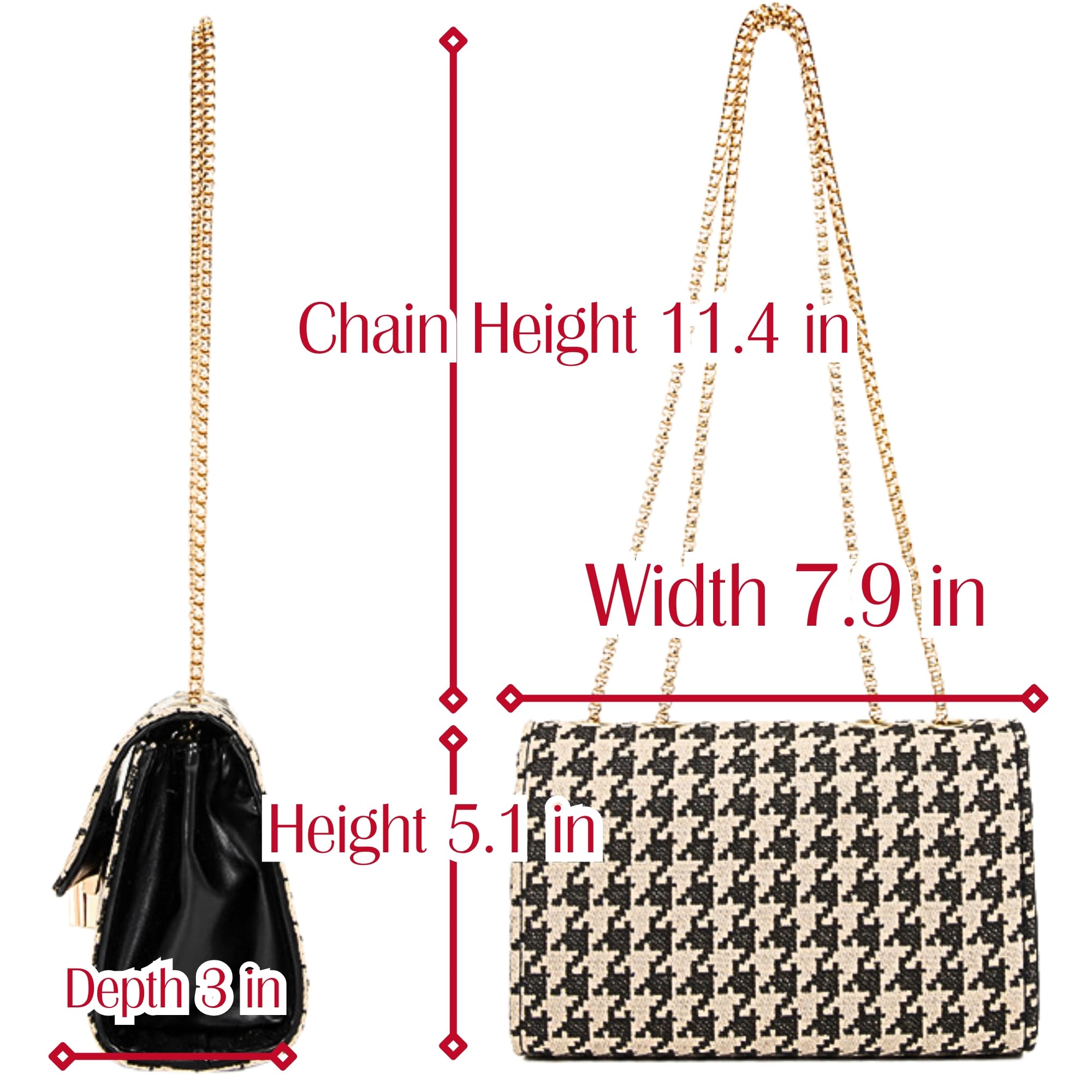 Alijulice Houndstooth Faux Leather Crossbody Bags, Womens Metal Chain Strap Vegan Shoulder Clutch Purse with Rabbit Key Ring (Black Gold)