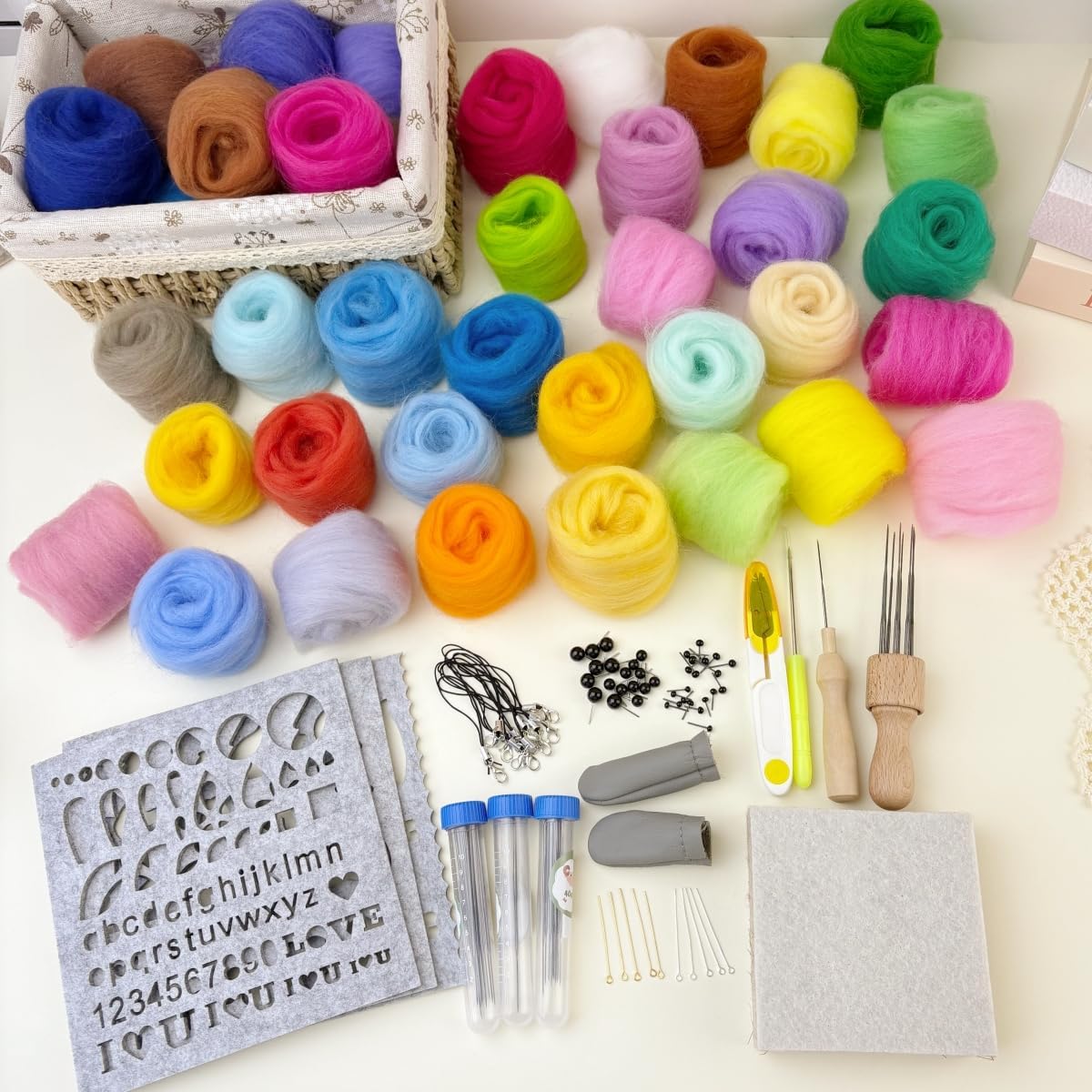 IcosaMro Needle Felting Kit 48 Color Wool Roving with Felting Needles 100 Pcs Wool Felt Supplies Tools Felt Working Pad