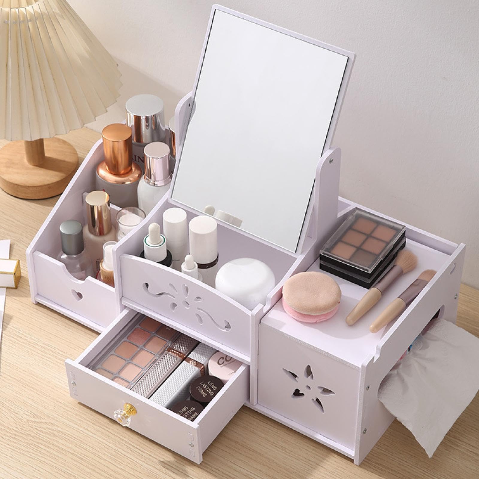 perfk Organizador Maquillaje con Espejo, Organizador cosméticos para brochas con cajón, Estuche exhibición cosméticos versátil para el hogar, Espejo Rectangular