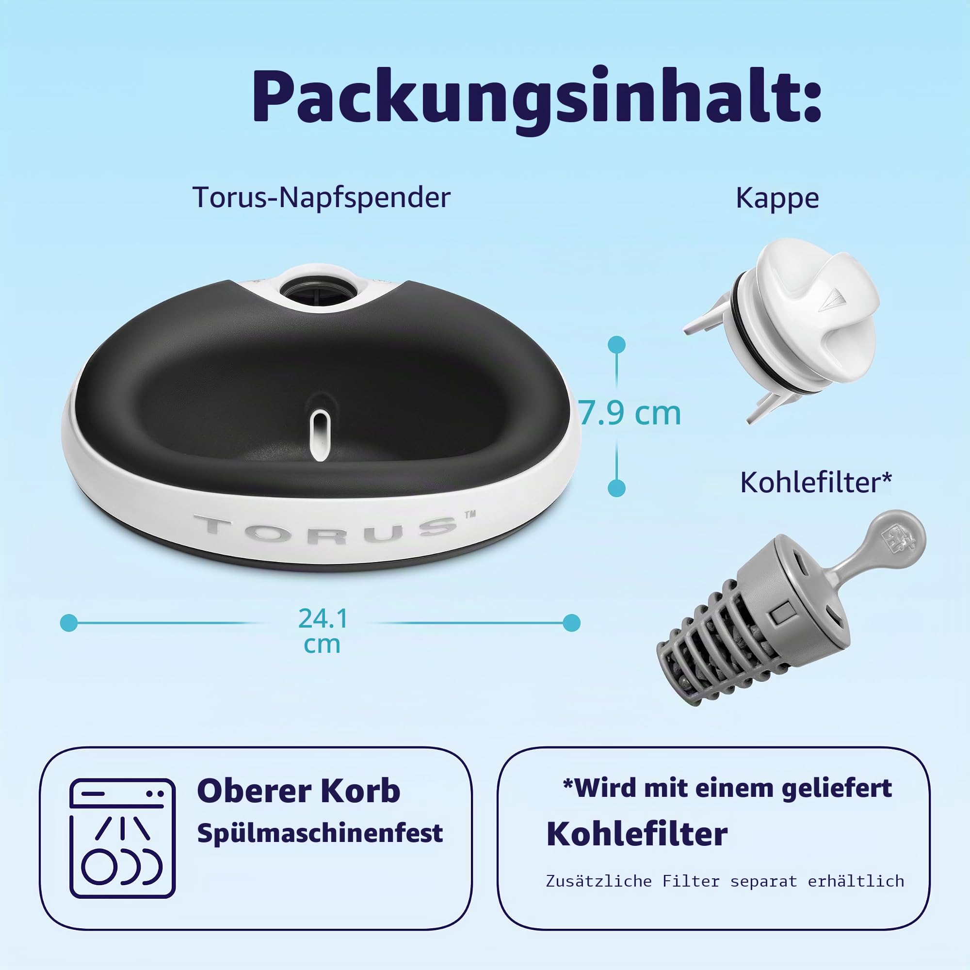 Torus Pet Mini gefilterter Wassernapf (Holzkohle) – 1 Liter – Napf für Zuhause und unterwegs – Autofill – tragbar – antimikrobiell – BPA-frei – Katze – Kleiner Hund