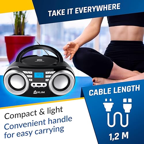 Miniatura 5 de KLIM Reproductor de CD portátil B3 - Nuevo 2023 - Radio FM, CD, MP3, Bluetooth, AUX, USB, luces RGB - CD Boombox - Modo con cable e inalámbrico con