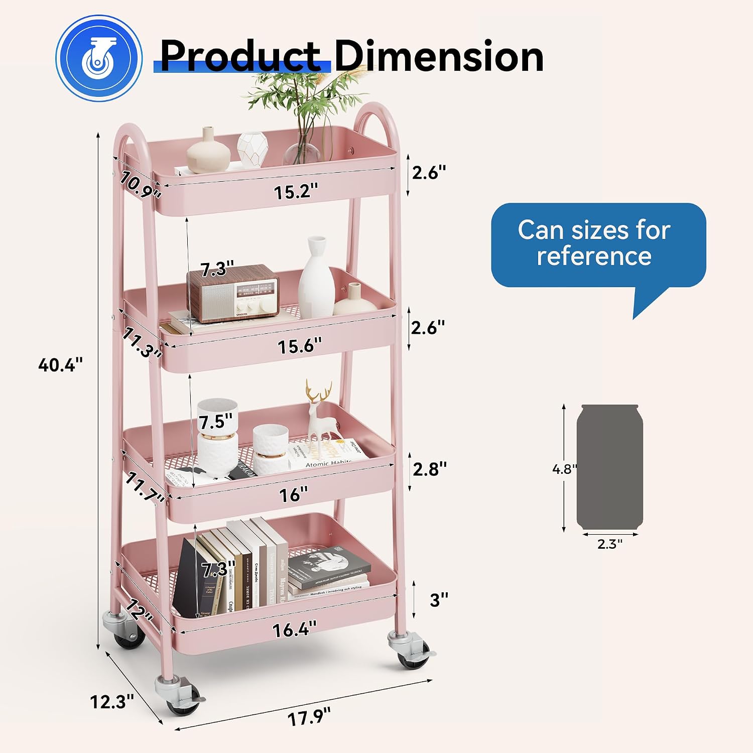 NEWBULIG 4-Shelf Rolling Utility Cart with Locking Wheels, Slim Metal Mobile Storage Organizer Shelf for Small Spaces, Bathroom, Living Room, Pink