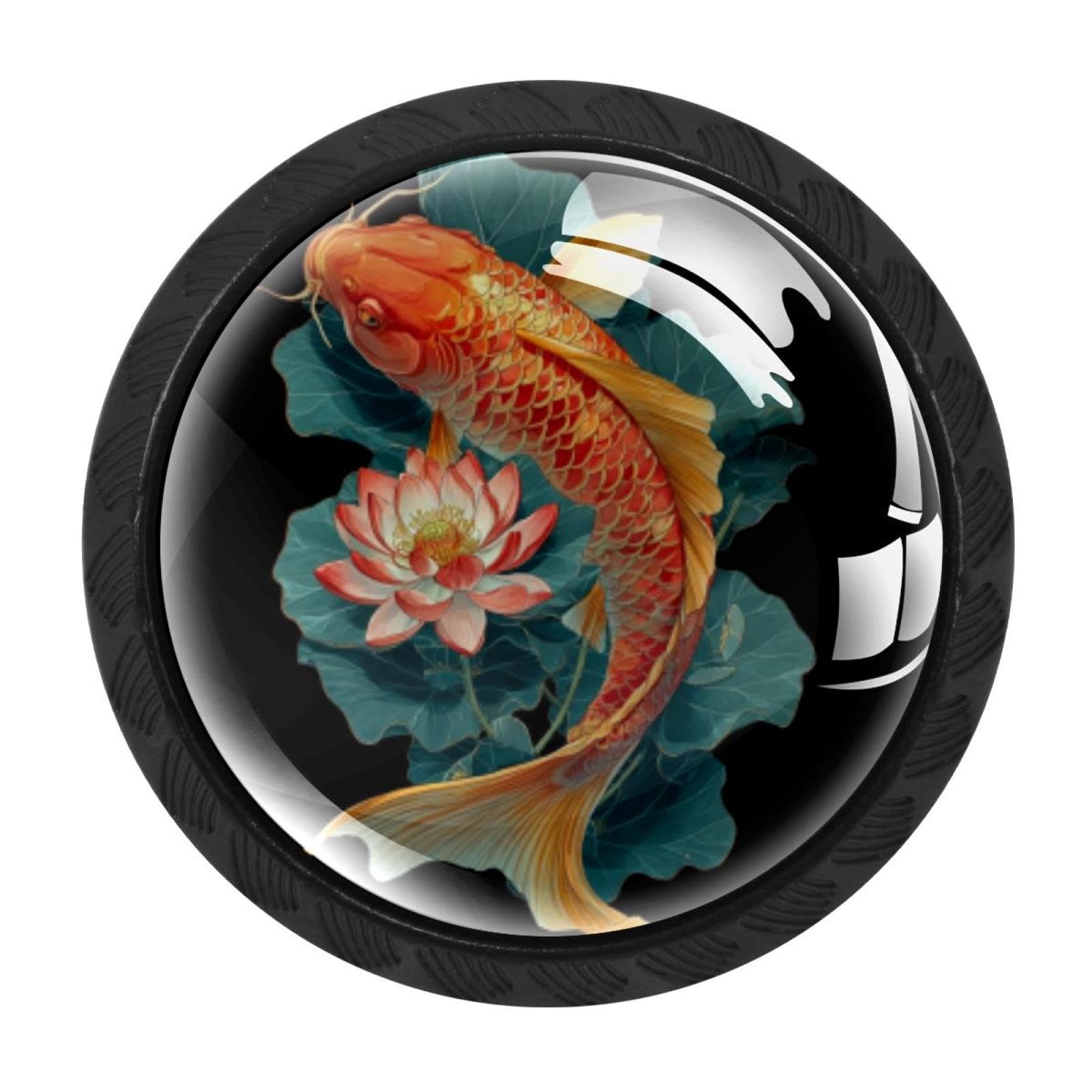 CHENZZZZ 4 Pcs Japanese Koi Fish Lotus (3) Cabinet Knobs Single Hole White Dresser Drawer Knobs Round Decorative Hardware Pulls Handles for Bathroom Kitchen Furniture
