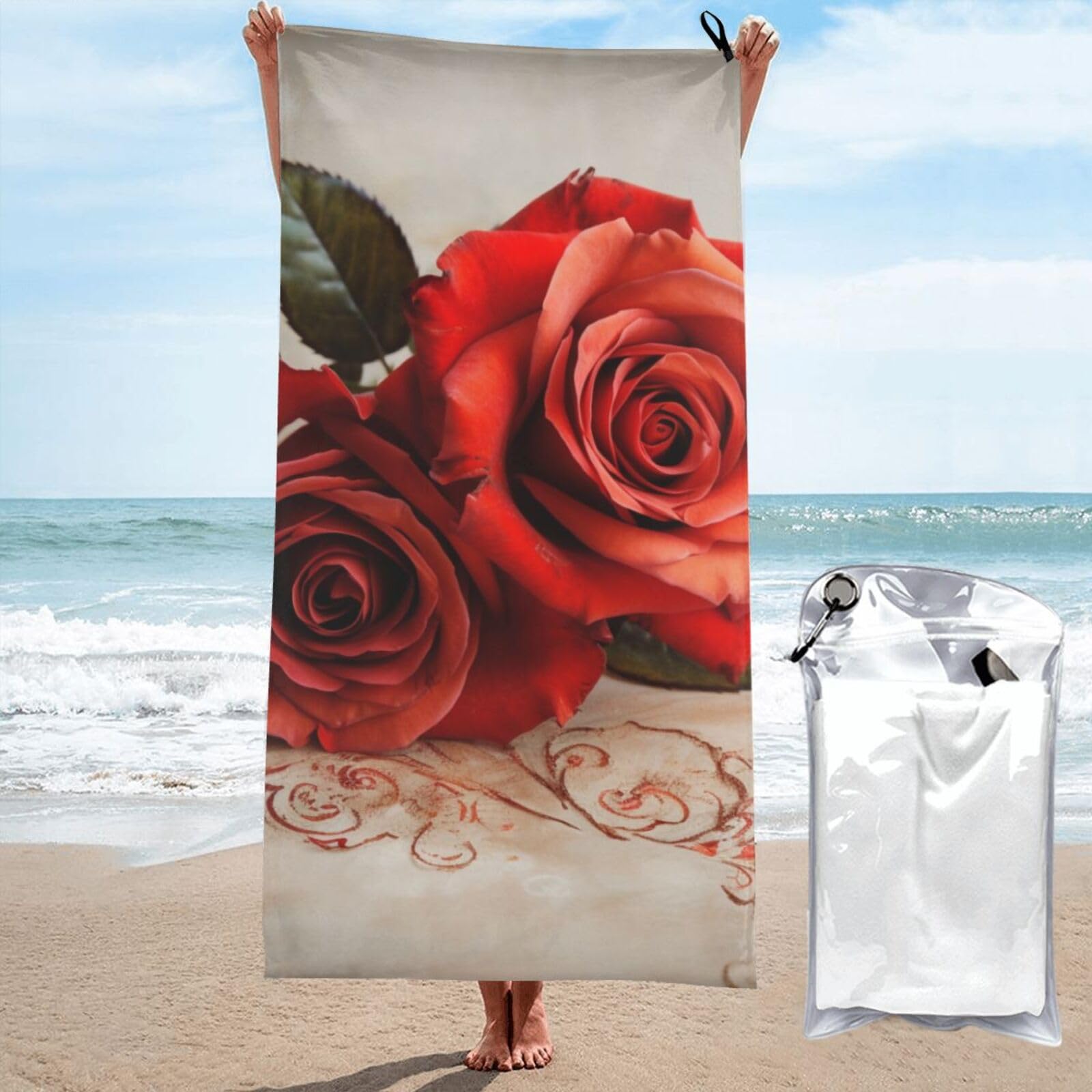 BWWHCCTI rose Printed Microfiber Quick Dry Beach Towel 70x140 CM, Fast Drying Bath Towels with Bags for Travel,Camping,Gym,Beach,Swimming,Yoga
