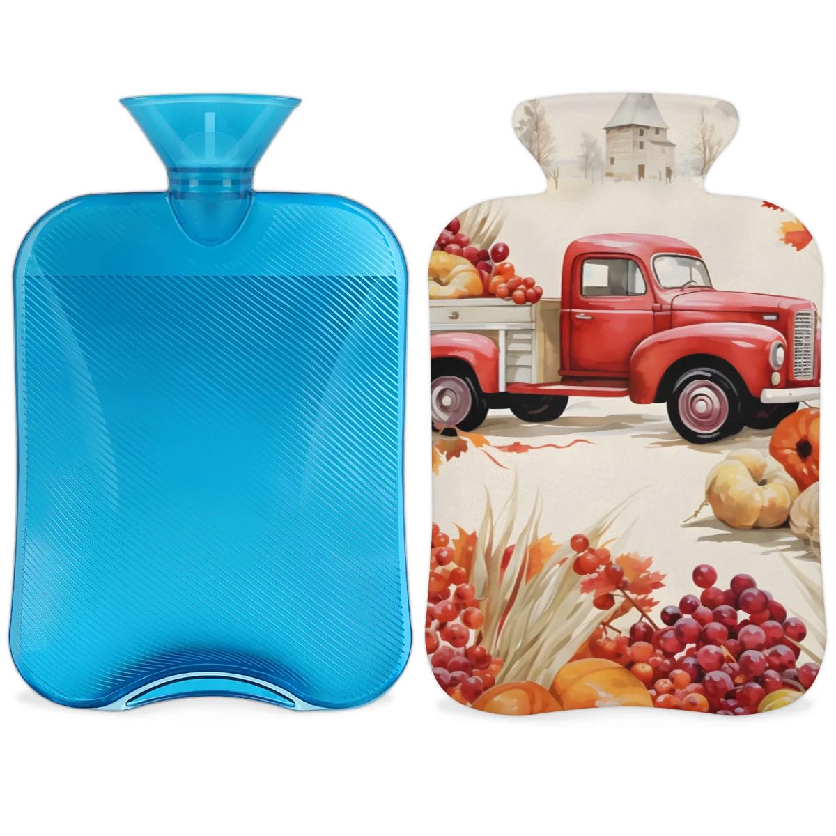 Hot Water Bottle with Soft Cover,2L Thanksgiving Truck Hot Water Bag for Hot and Cold Compress, Hand Feet Warmer, Maple Leaf Pumpkin Rubber Hot or Cold Water Bottle Halloween Christmas Decorations