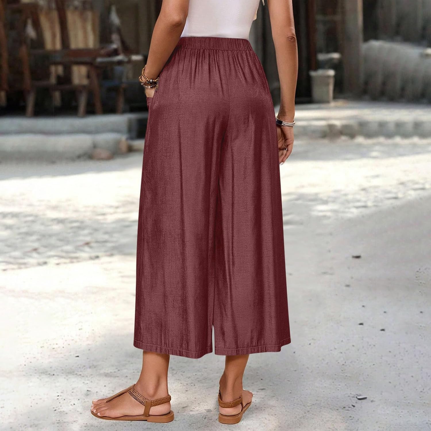 Loose Wide Leg Boho Cropped Trousers, Pocketed Light Pants for Womens 2026 Summer Beach Casual Outfits