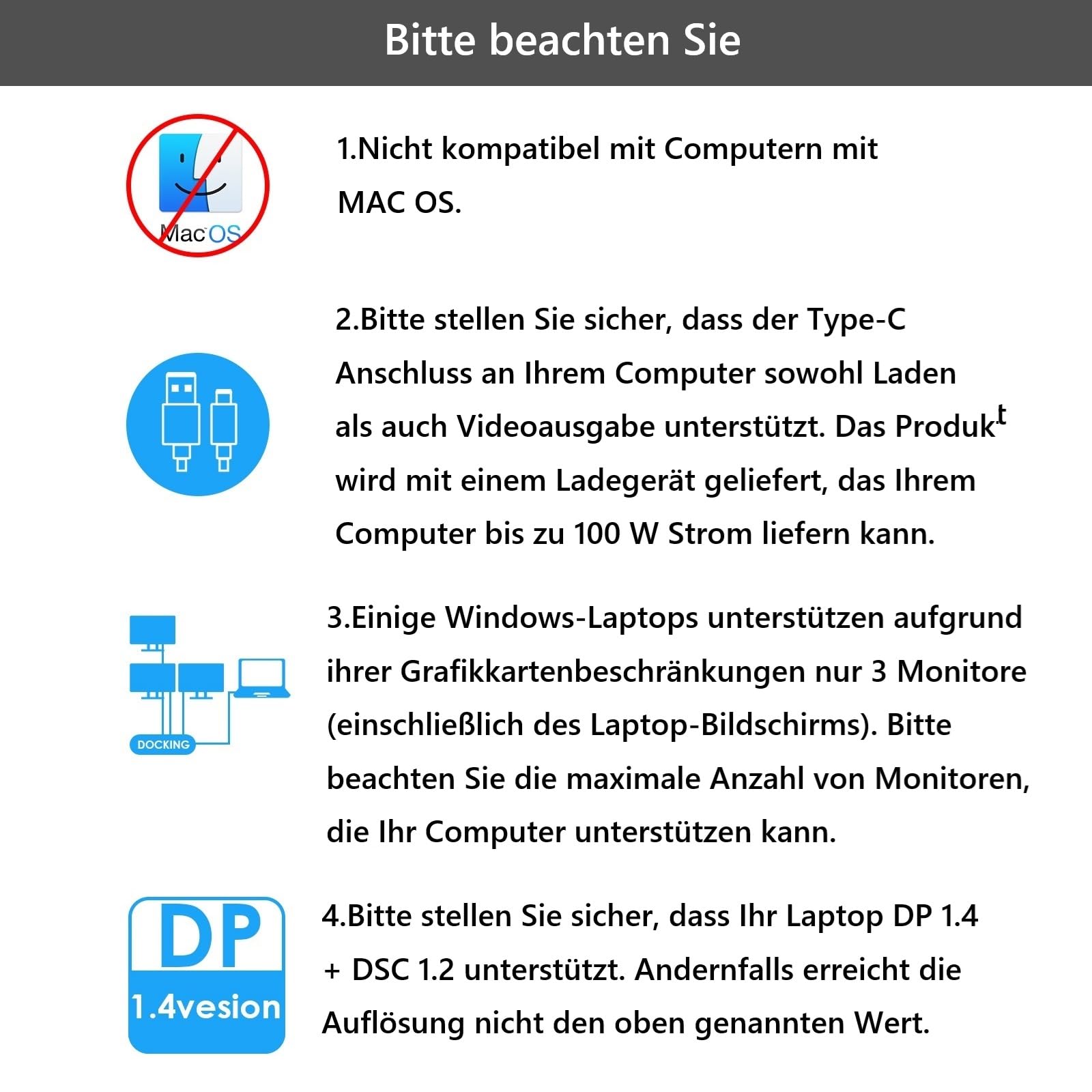 Laptop Docking Station, Docking Station 3 monitore mit 2* DP + HDMI,4K@144Hz,130 W PD-Ladegerät, USB-C/A 10 Gb,3* USB-A 5Gb, Audio, Gigabit-Ethernet,für Dell,HP,Lenovo,Windows System Computer