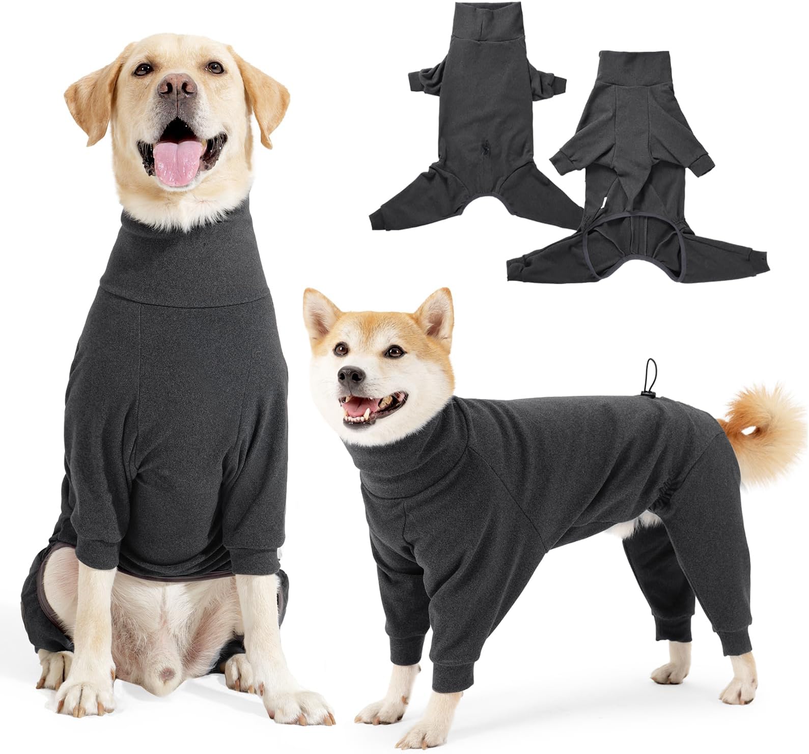 Dog Sweater Coat Winter Clothes for Small Medium Large Pets, High Collar Warm Full Body Dog Pajamas Recovery Suit Onesie Jumpsuit Comfort Windproof Shirts with Leash Hole, Gray