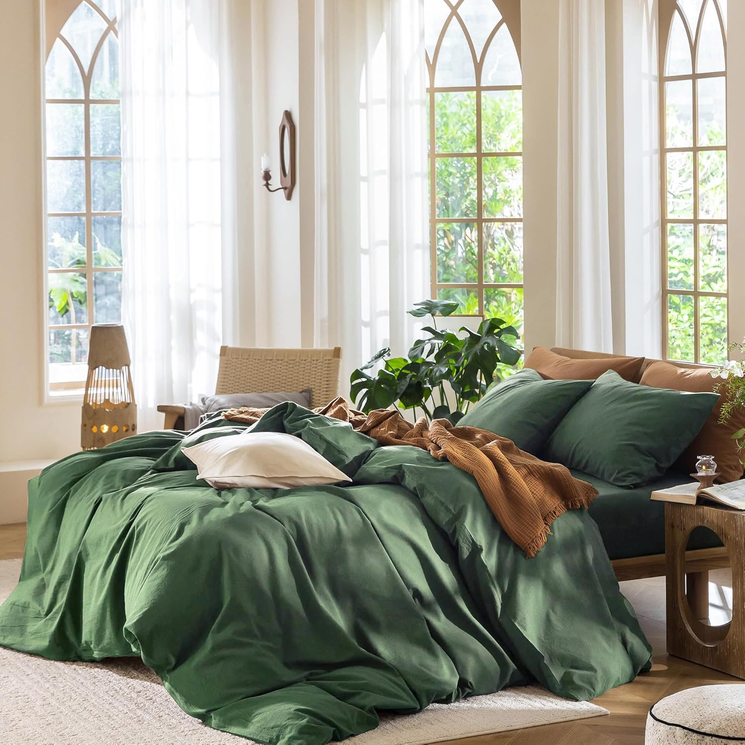 Housse de couette coton 140x200 vert foncé avec taie d'oreiller pour lit 1 personne