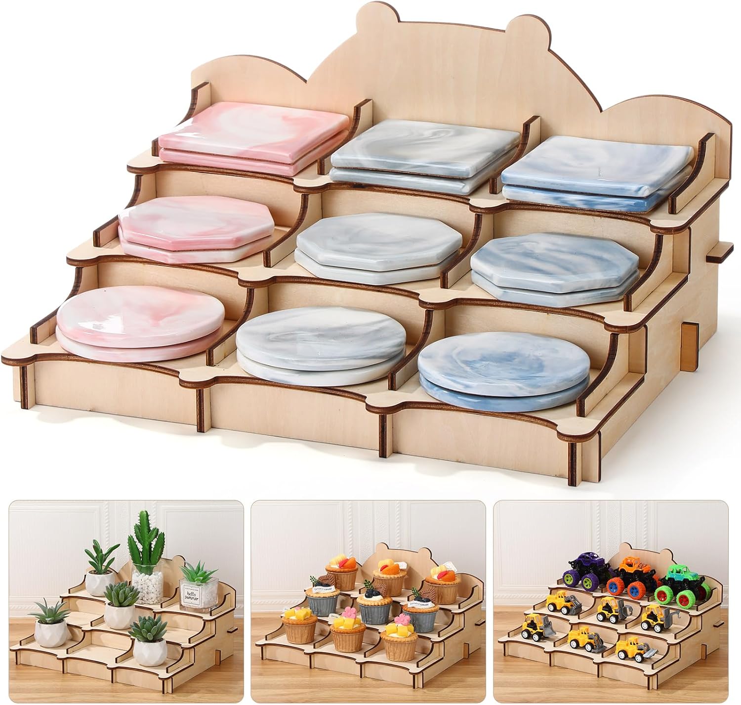 Cinnvoice 3 Tier Wooden Sticker Display Stand Sticker Coaster Display Stand with 9 Pockets for Postcard Brochure Photos Candles Jewelry Cupcake Snacks Holder for Vendors, Counter Retail