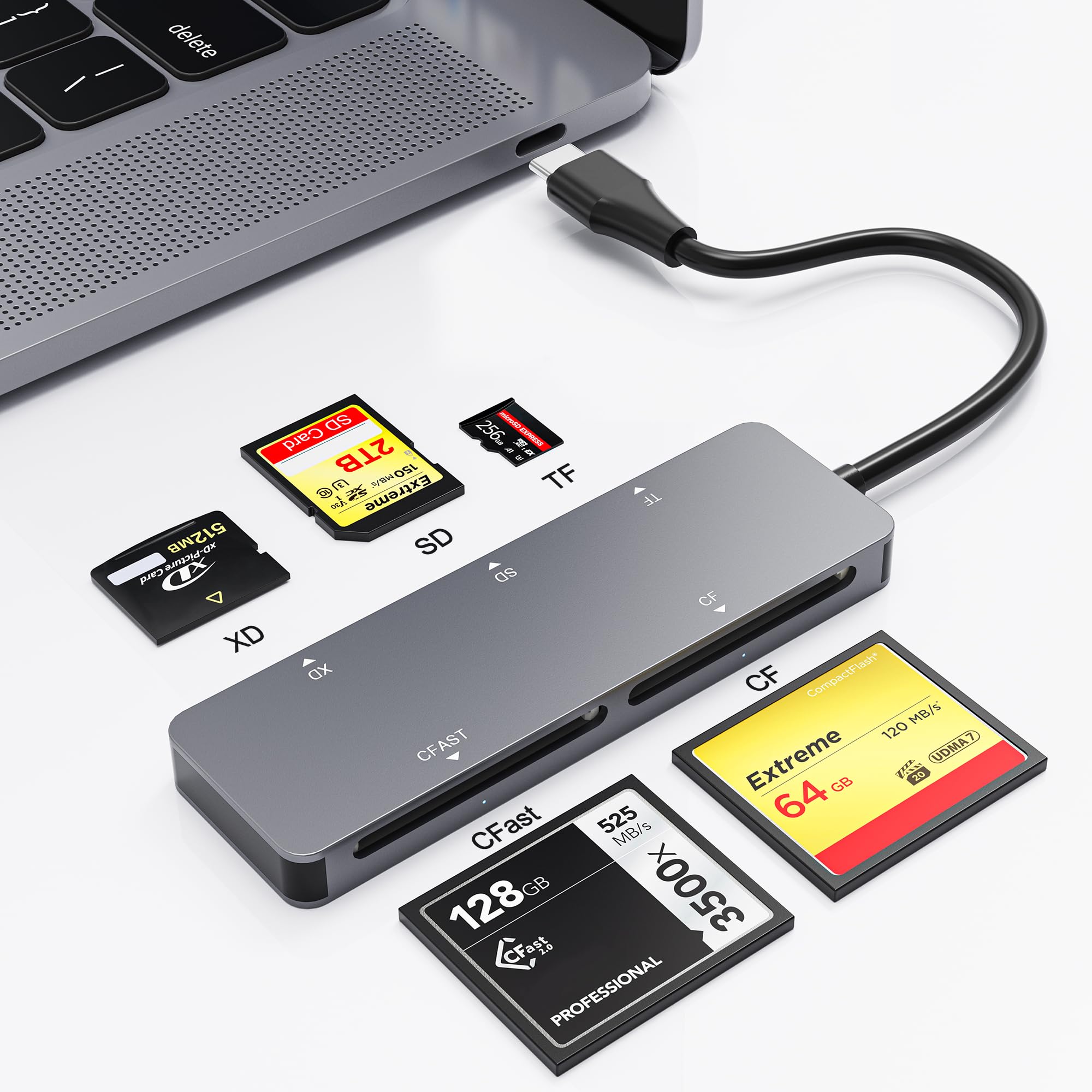 CFast 2.0 - Lector de tarjetas de memoria 5 en 1, lector de tarjetas USB-C CFast de 5 Gbps para San Disk, Sony Card, Transcend, Lexar, leer 5 tarjetas para tarjetas Cfast/SD/CF/XD/TF simultáneamente