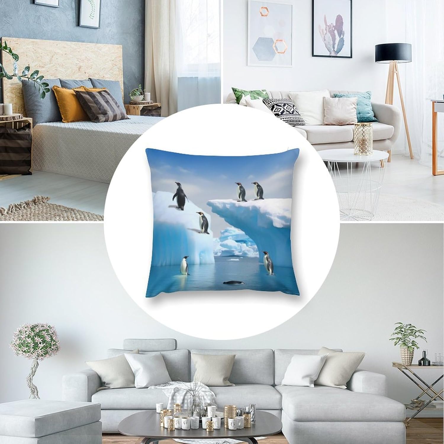 Zippered Pillow Cover, Pillow Protector, Penguins On The Iceberg Printed Pillow Cover of 4, Pillow Not Included