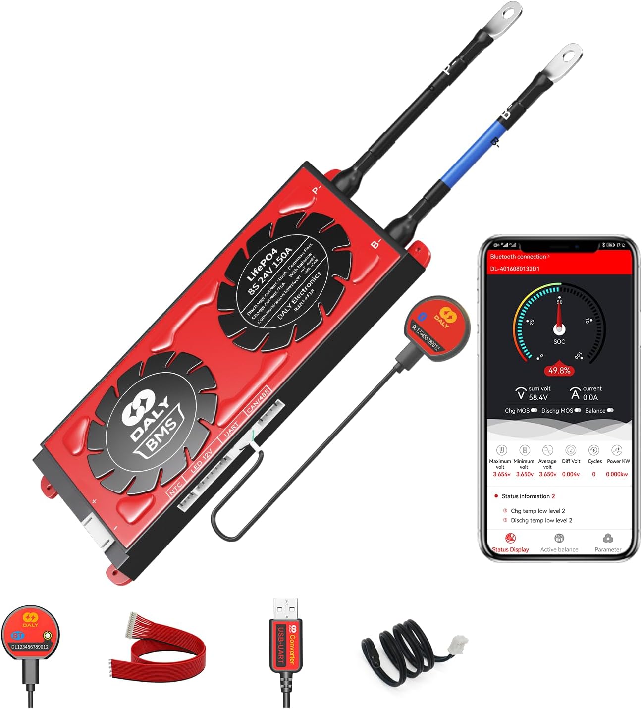 DALY Sensible BMS LiFePo4 24V 150A 8S with UART Communictaion Bluetooth BMS for Rated 3.2V Lithium Battery Energy Financial institution Safety,Off Grid Software, Photo voltaic System(Sensible BMS,150A)