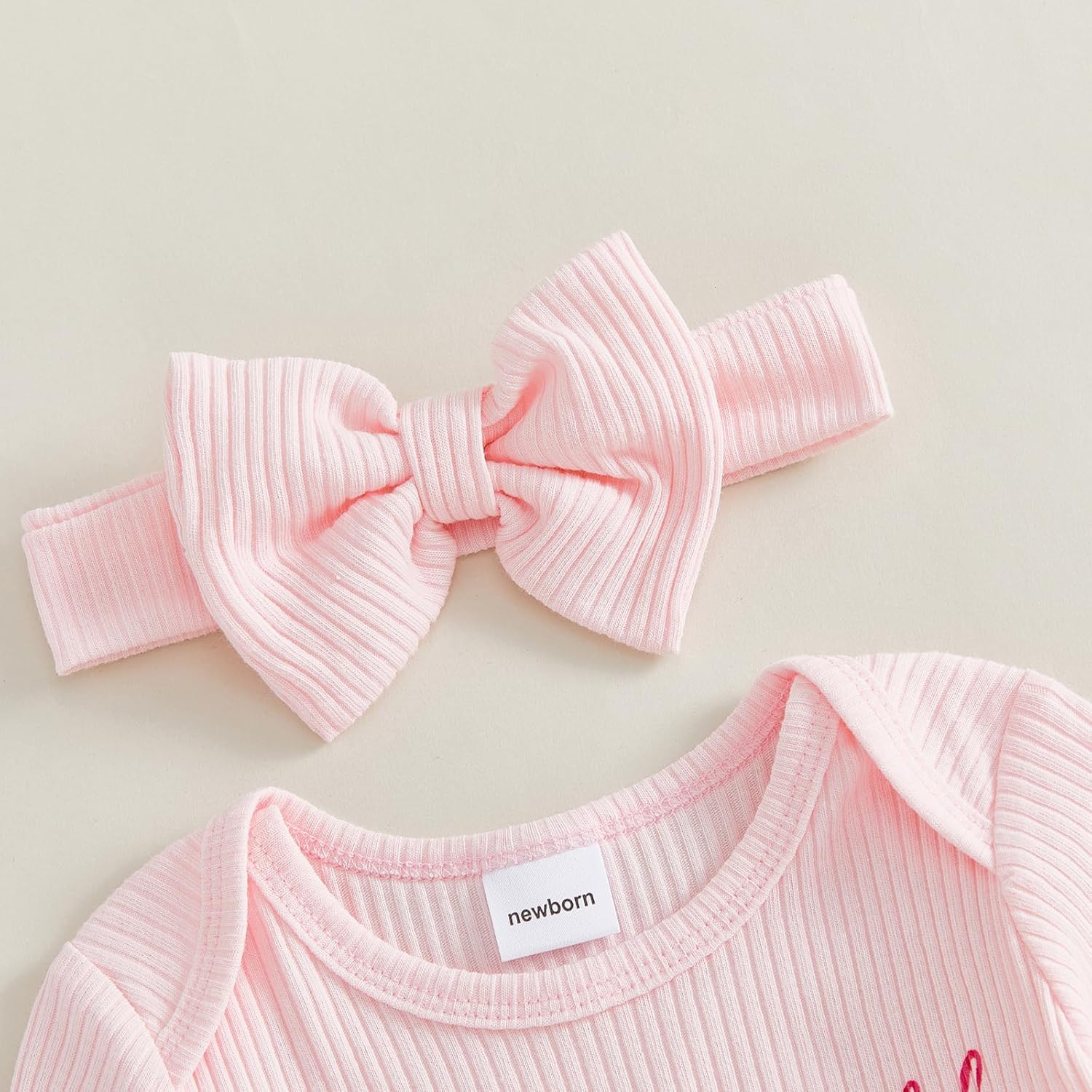 Baby Girls Clothes She Is Here Embroidery Romper Bow Waffle Knit Ruffled Newborn Infant Winter Fall Outfit with Headband - Image 5
